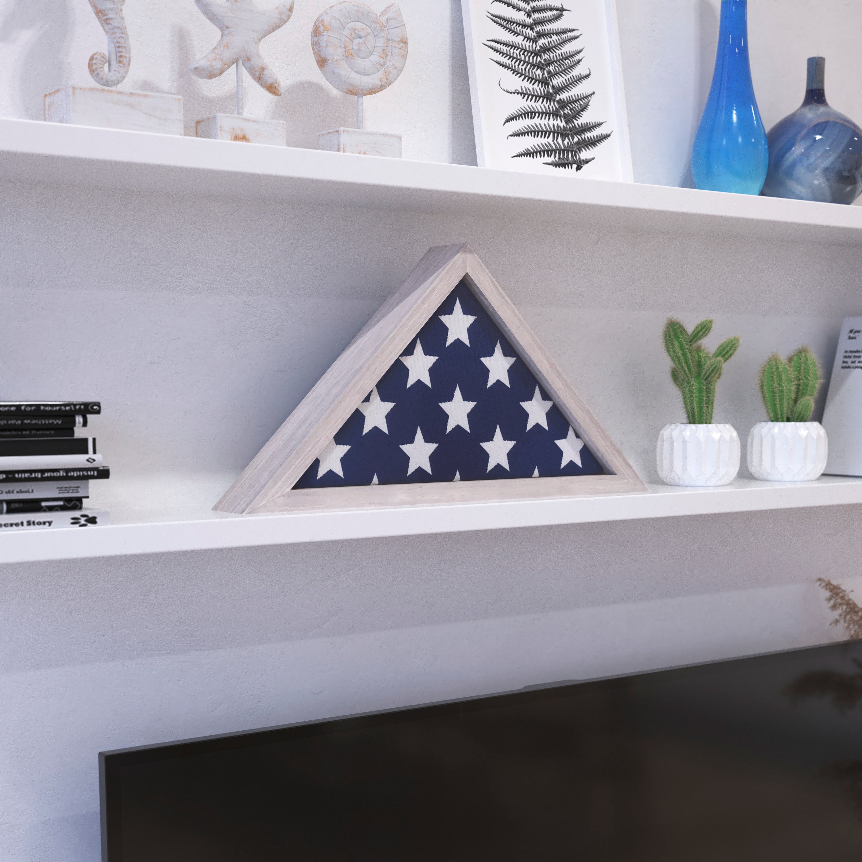 Sheehan Whitewashed Memorial Flag Display Case - Solid Wood Military Flag Display Case for 9.5 x 5 American Veteran Flag