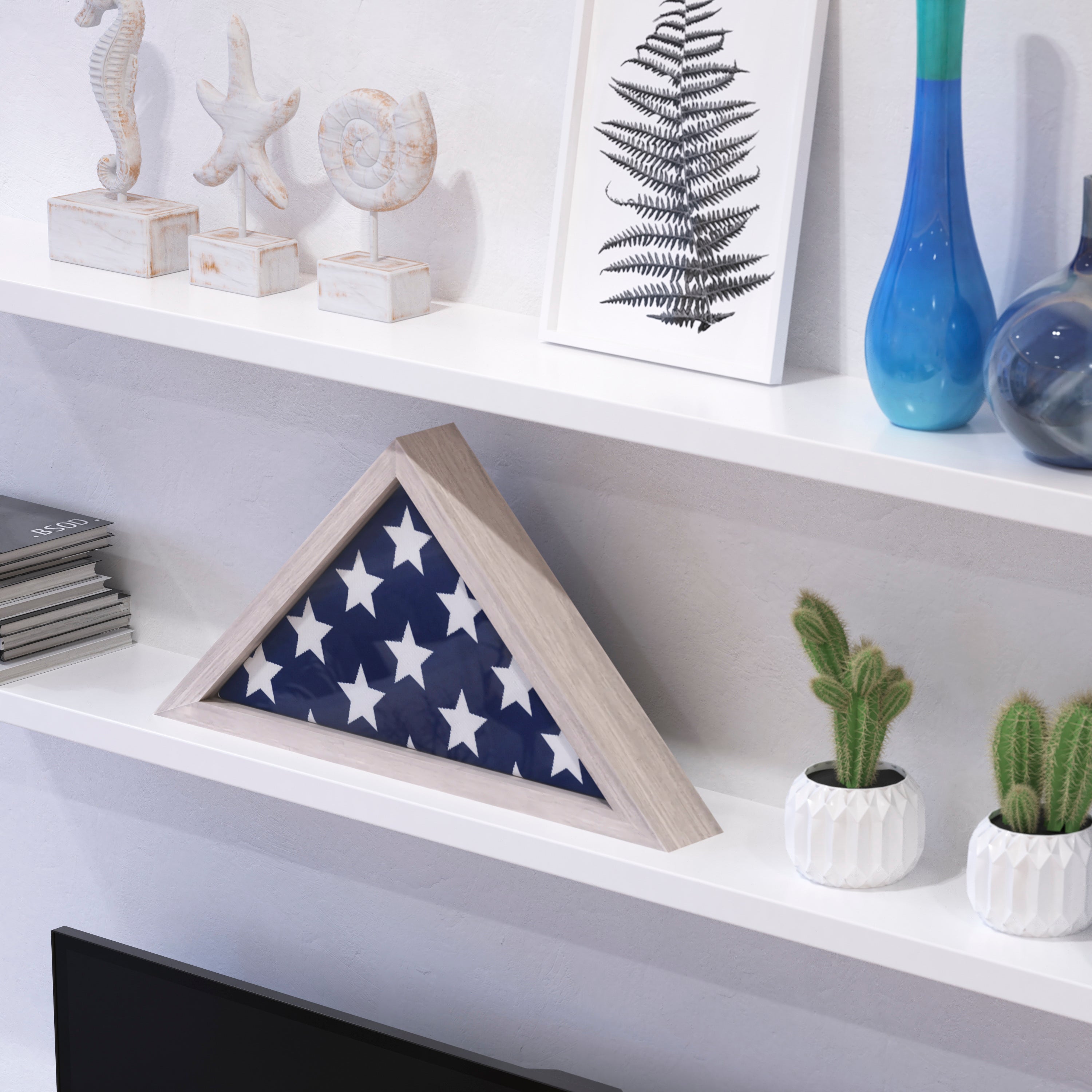 Sheehan Whitewashed Memorial Flag Display Case - Solid Wood Military Flag Display Case for 9.5 x 5 American Veteran Flag