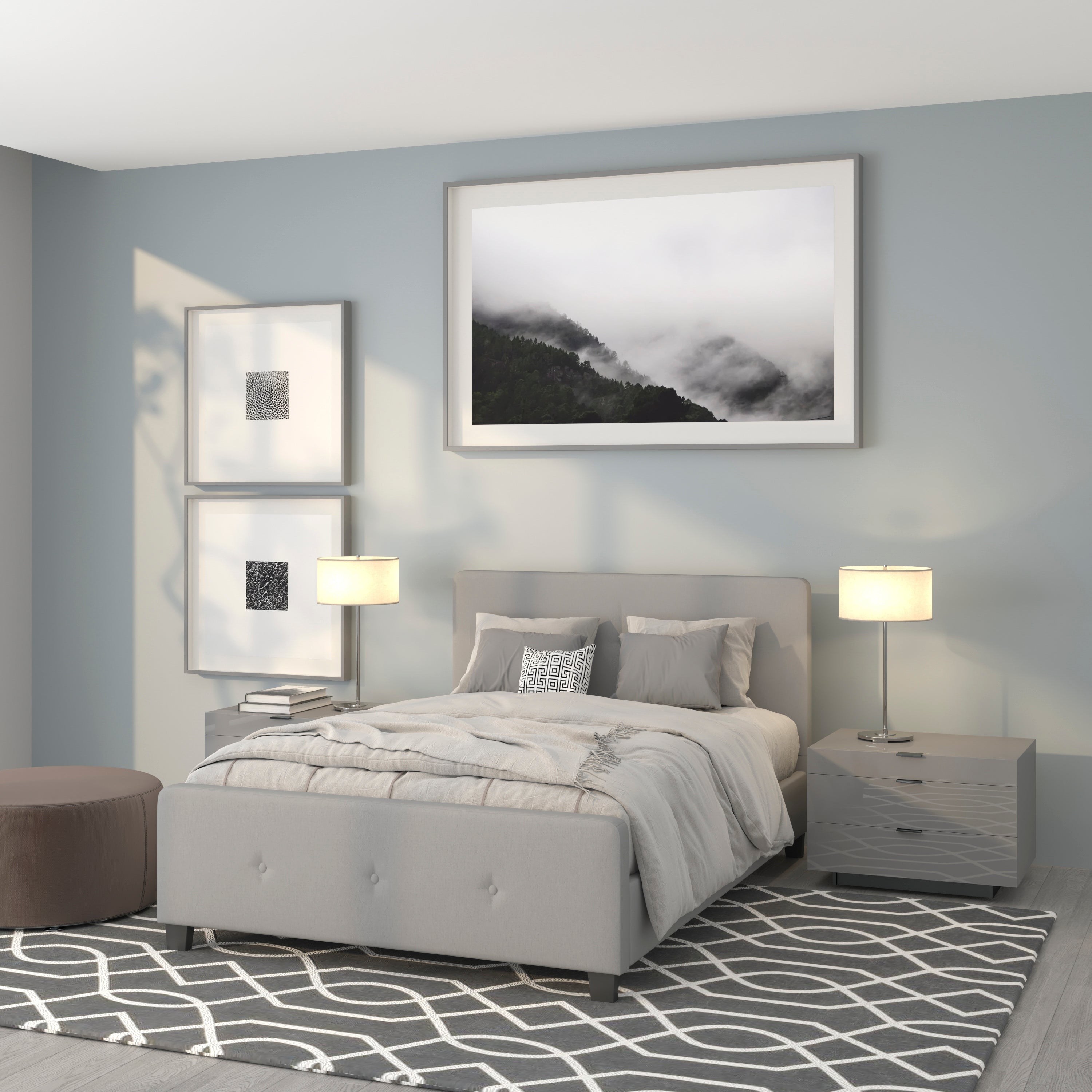 Tribeca Full Size Tufted Upholstered Platform Bed in Light Gray Fabric