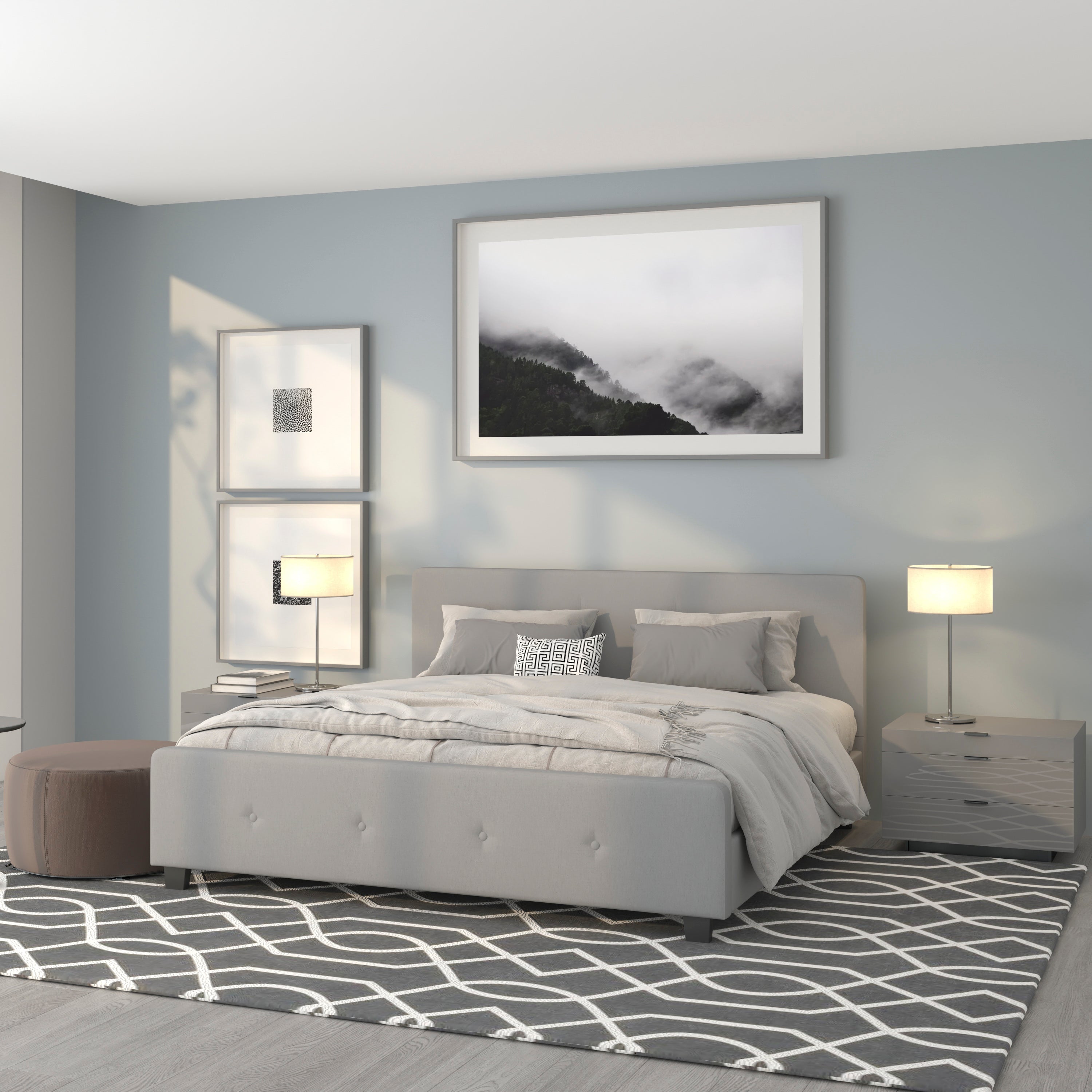 Tribeca King Size Tufted Upholstered Platform Bed in Light Gray Fabric