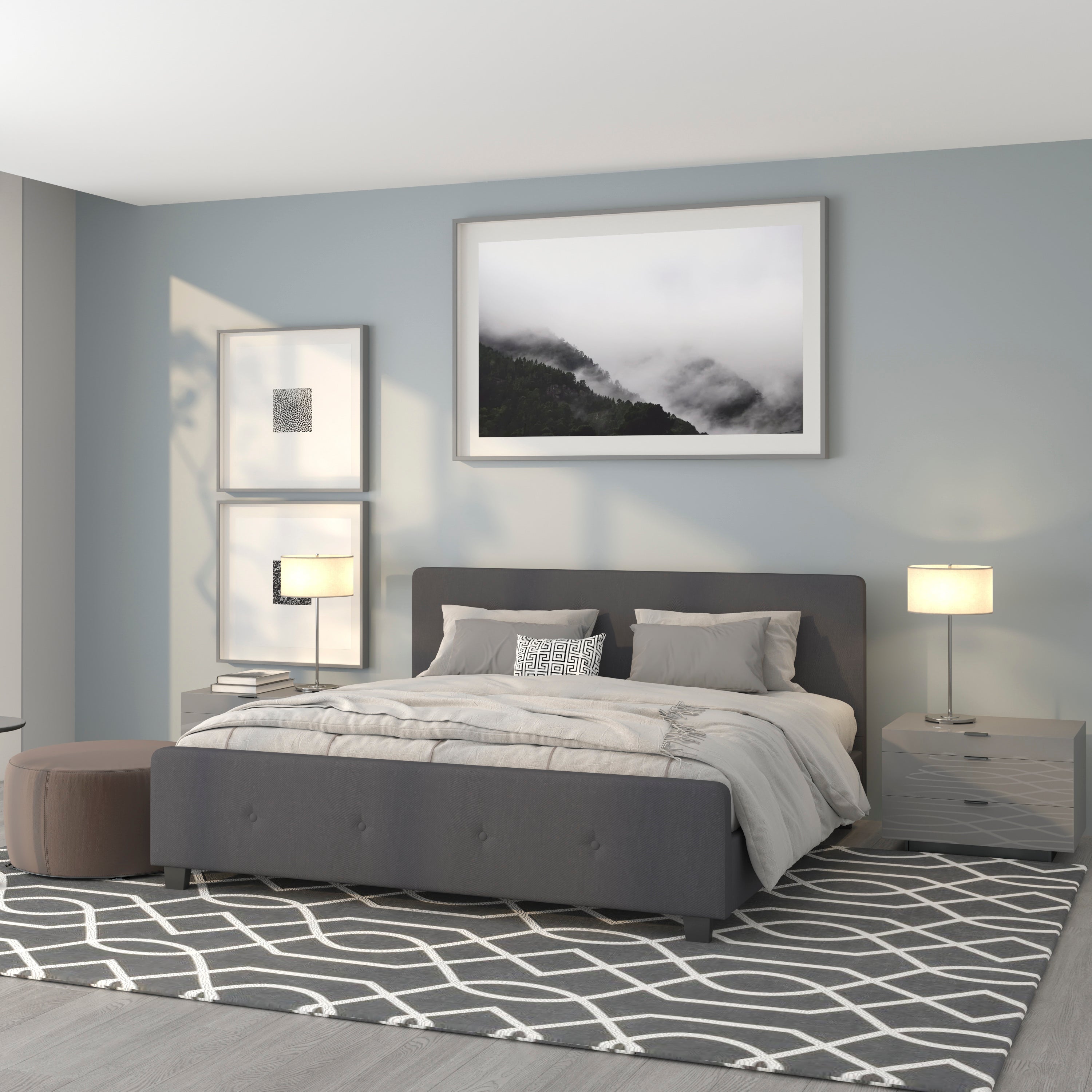 Tribeca King Size Tufted Upholstered Platform Bed in Dark Gray Fabric