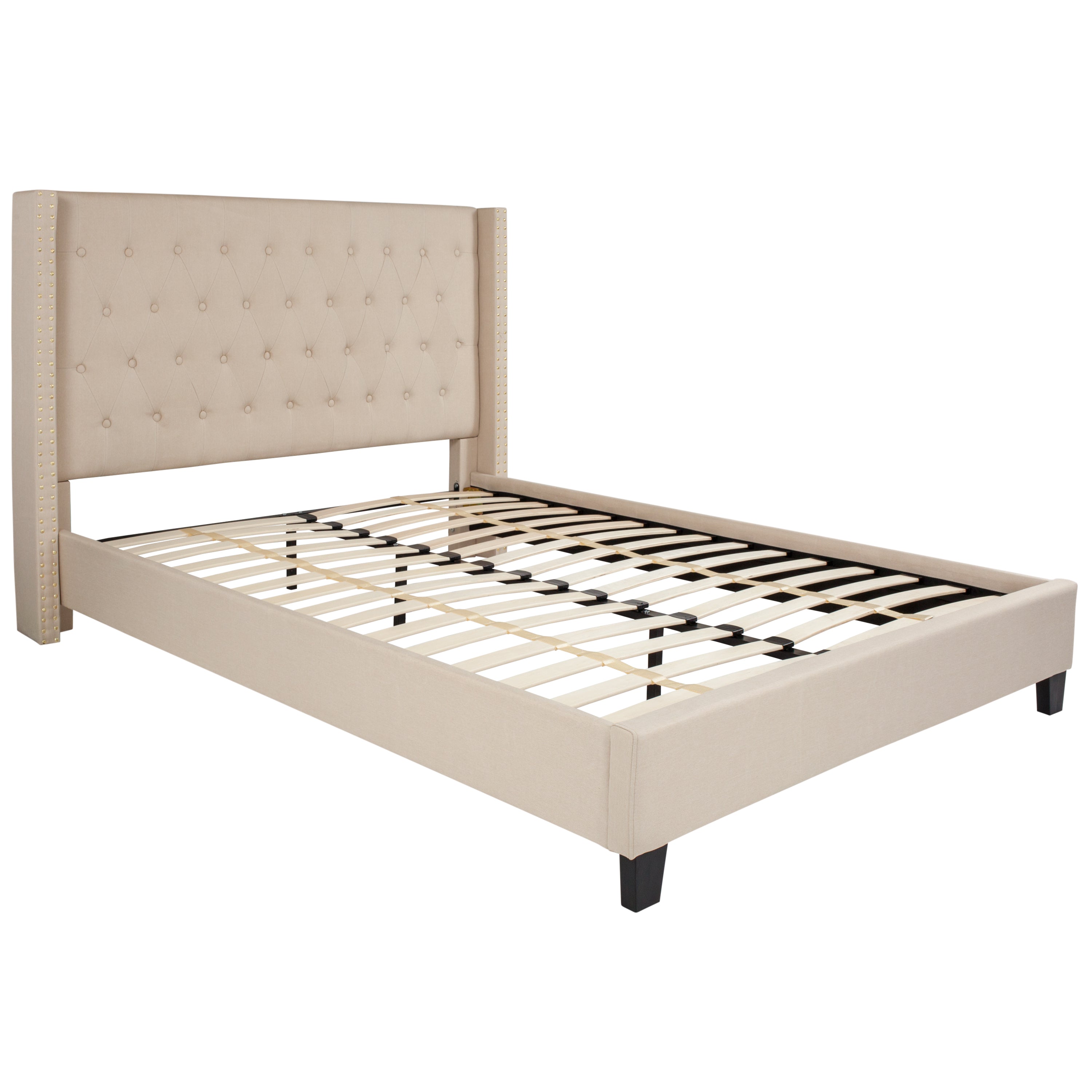Riverdale Queen Size Tufted Upholstered Platform Bed in Beige Fabric