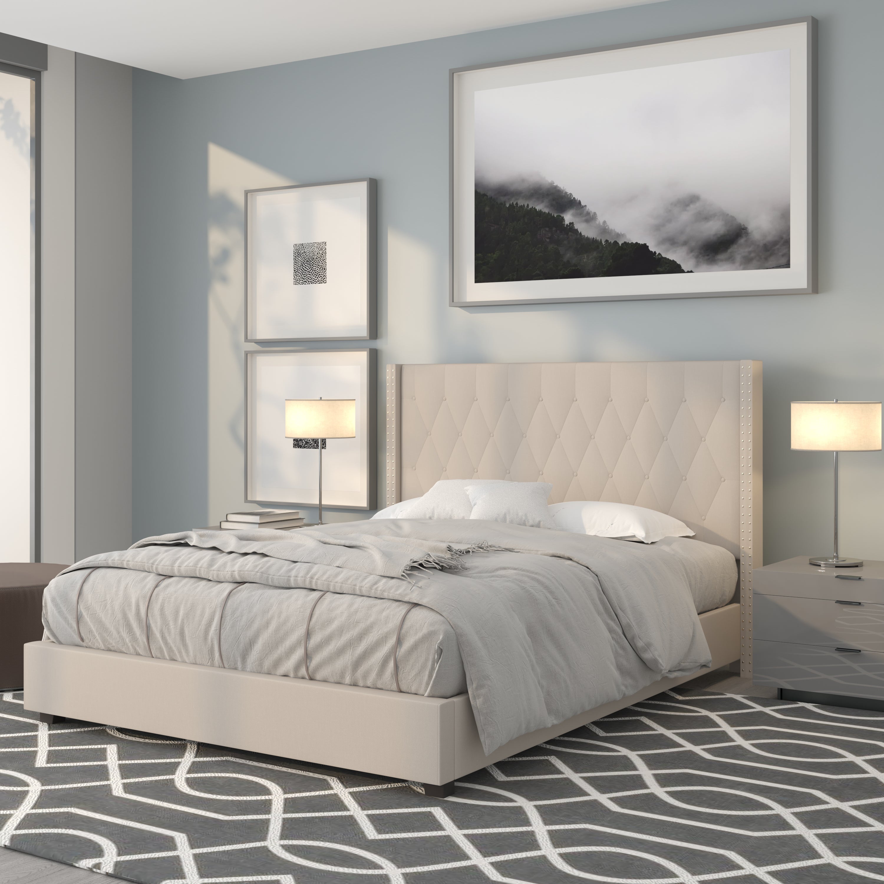 Riverdale Queen Size Tufted Upholstered Platform Bed in Beige Fabric
