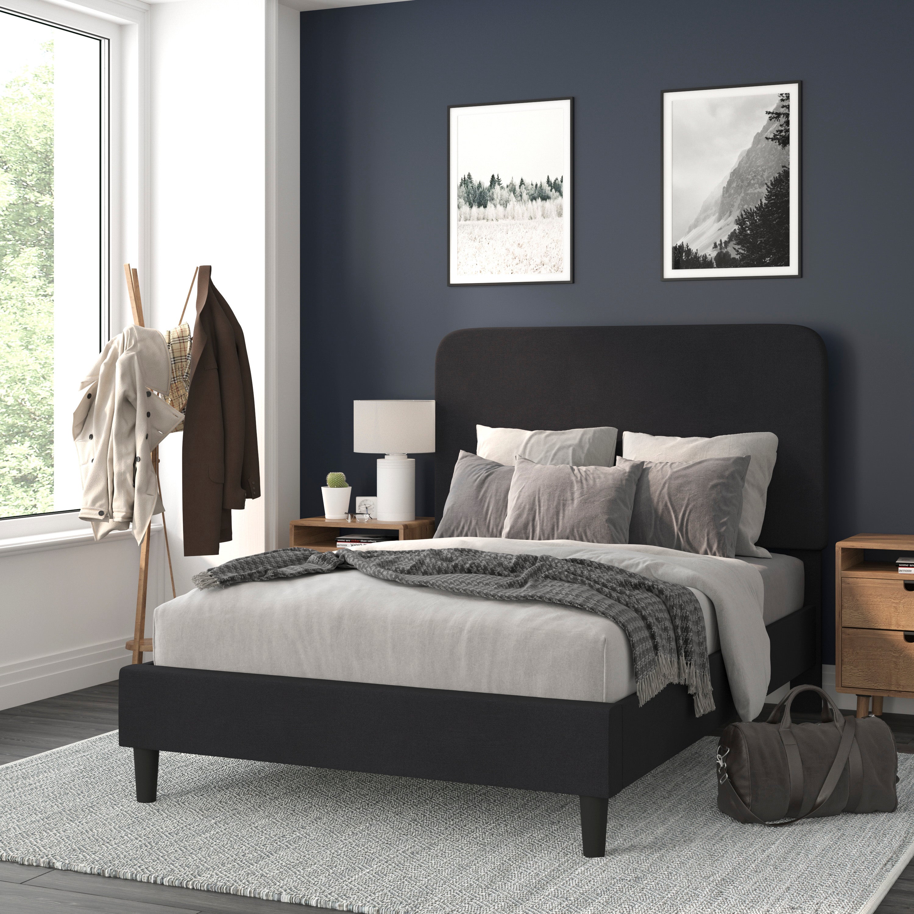 Addison Charcoal Full Fabric Upholstered Platform Bed - Headboard with Rounded Edges - No Box Spring or Foundation Needed
