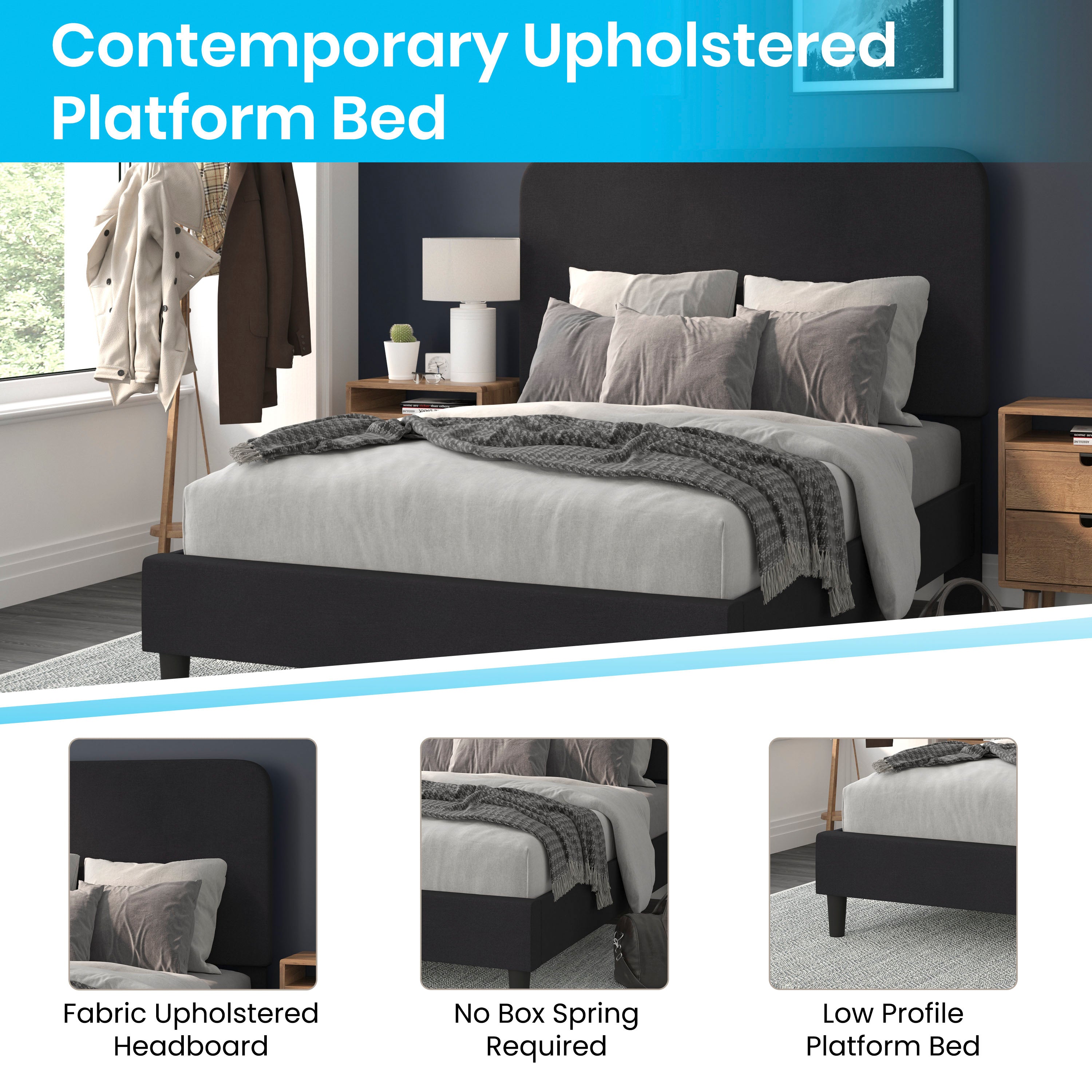 Addison Charcoal Full Fabric Upholstered Platform Bed - Headboard with Rounded Edges - No Box Spring or Foundation Needed