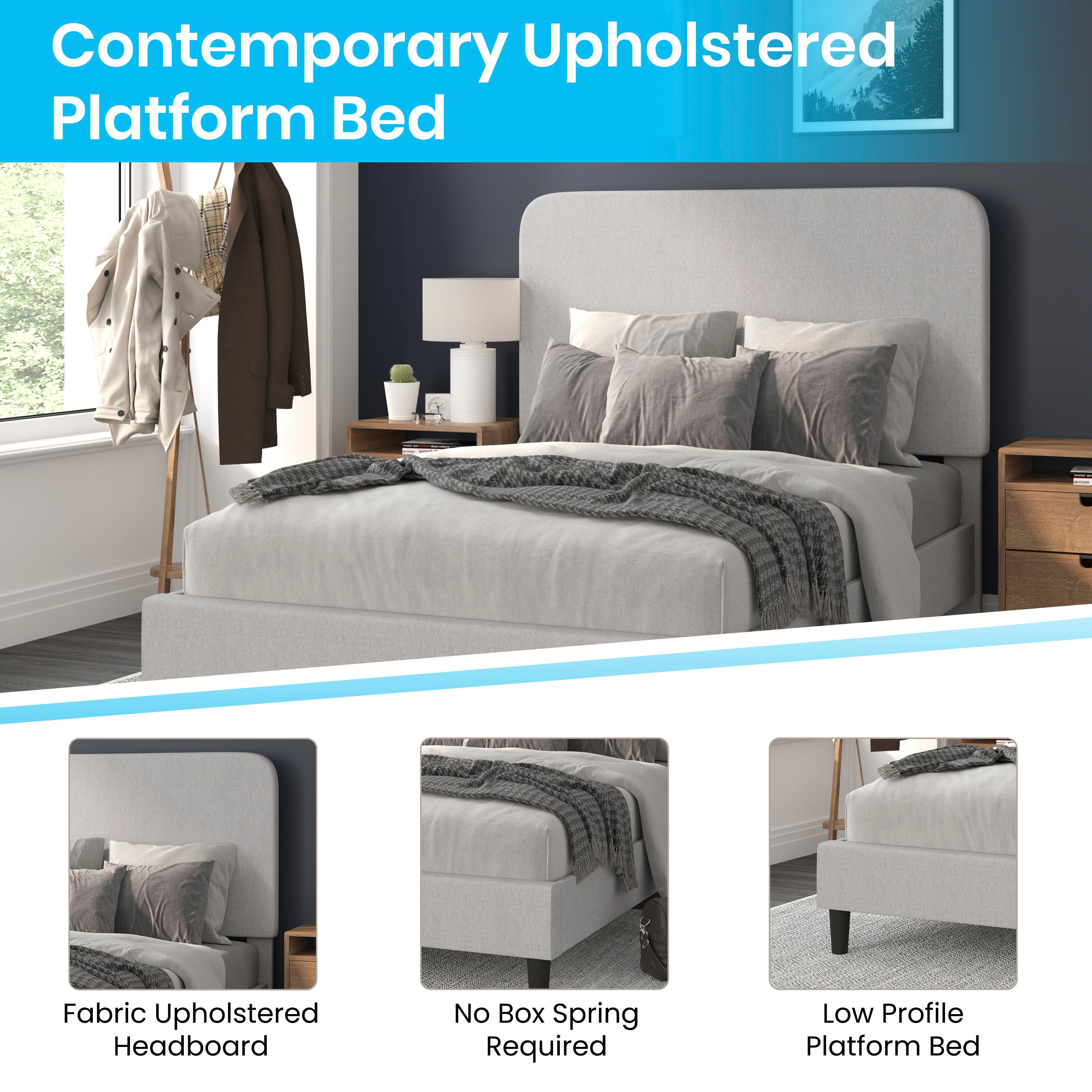 Addison Light Grey Full Fabric Upholstered Platform Bed - Headboard with Rounded Edges - No Box Spring or Foundation Needed