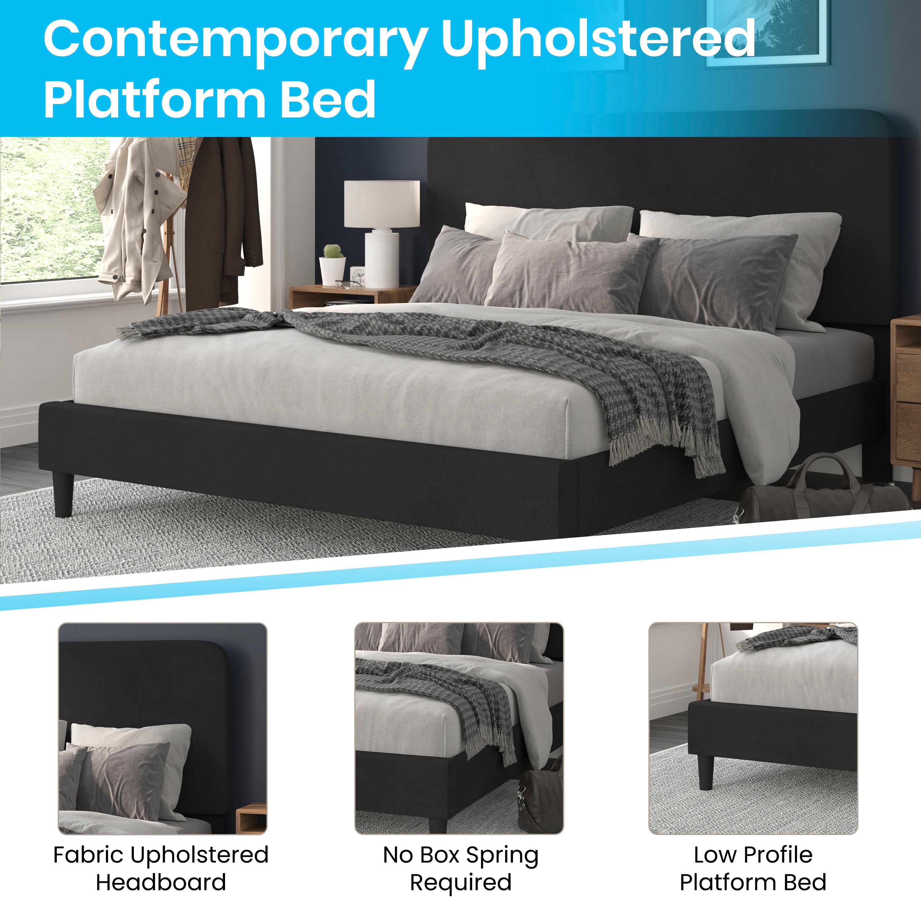 Addison Charcoal King Fabric Upholstered Platform Bed - Headboard with Rounded Edges - No Box Spring or Foundation Needed
