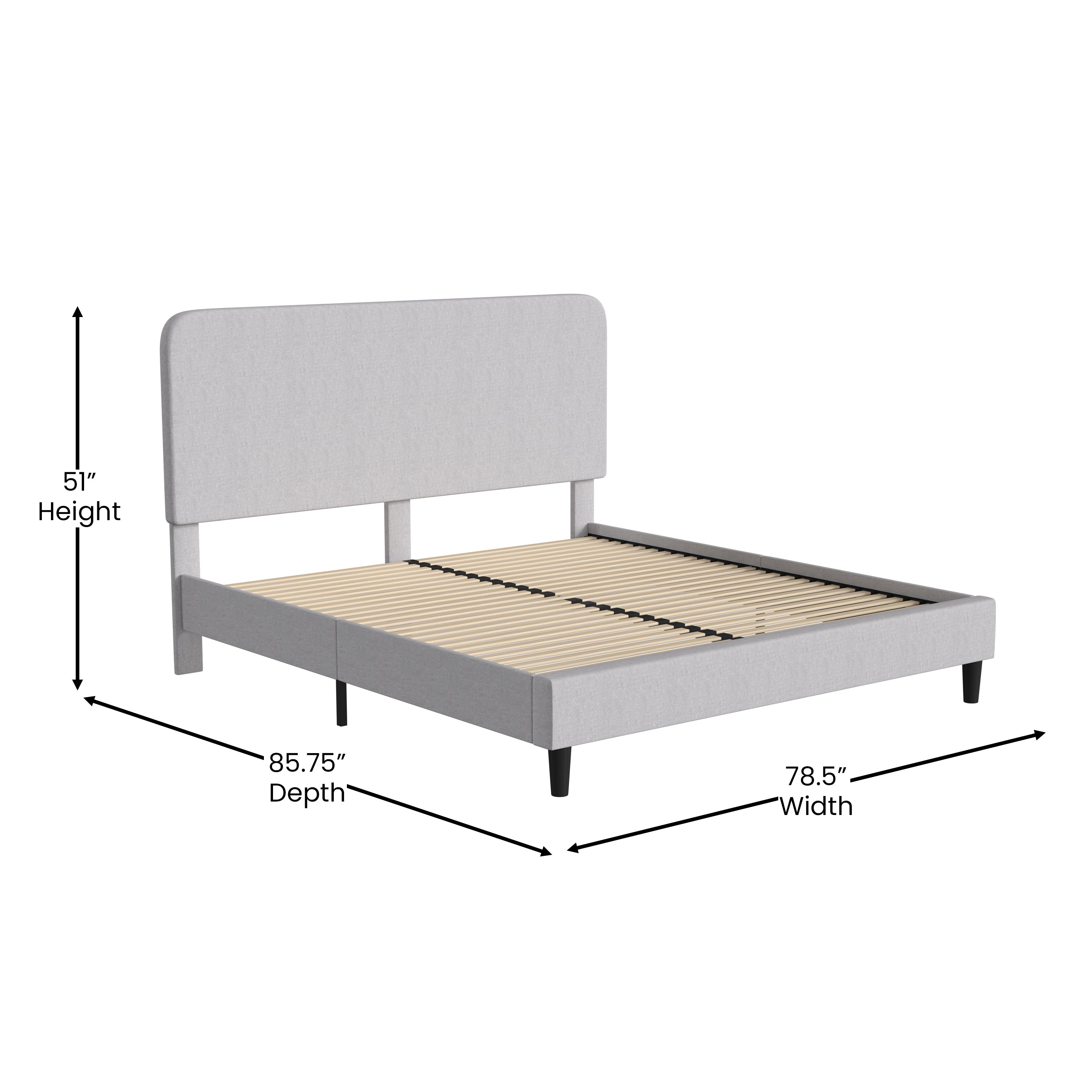 Addison Light Grey King Fabric Upholstered Platform Bed - Headboard with Rounded Edges - No Box Spring or Foundation Needed
