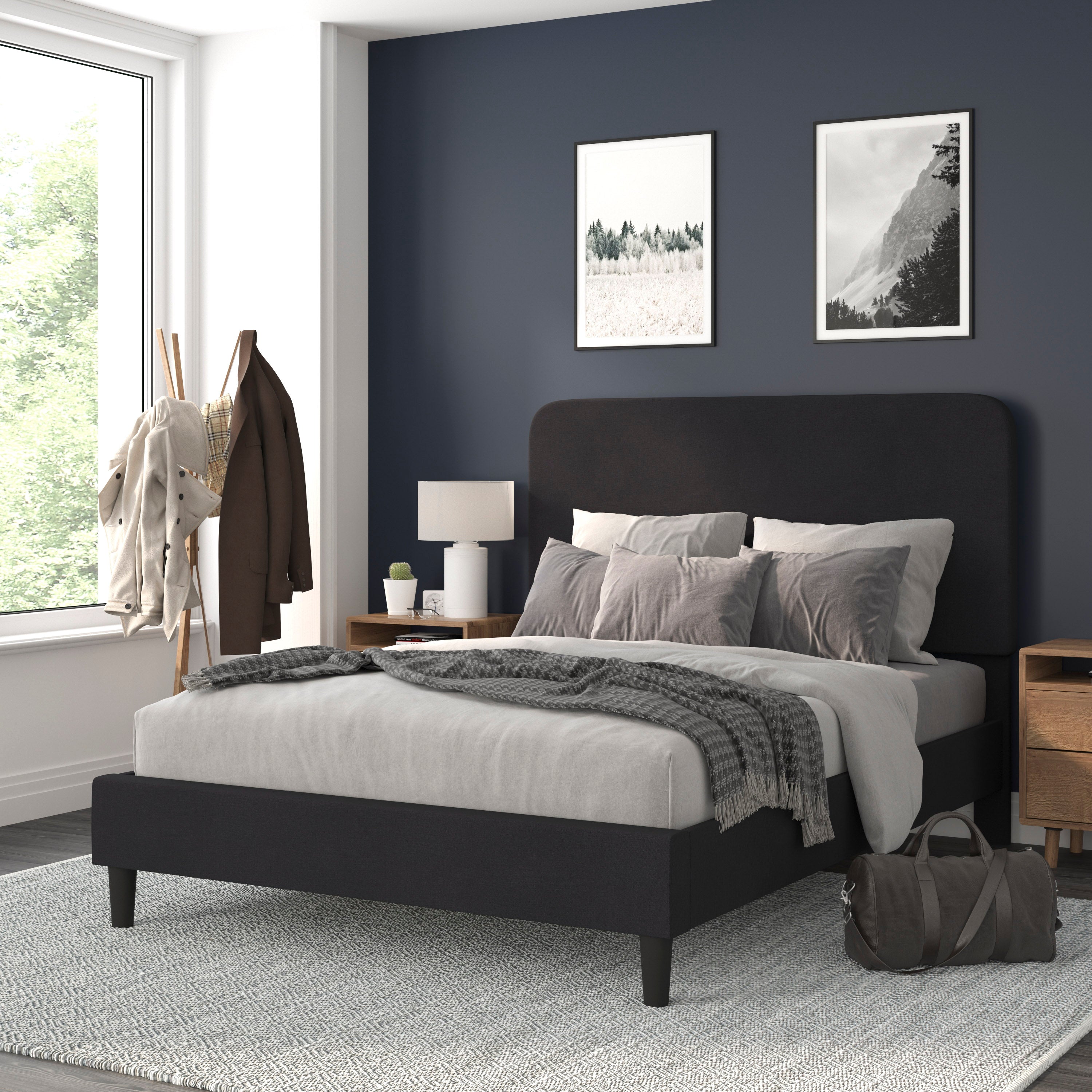 Addison Charcoal Queen Fabric Upholstered Platform Bed - Headboard with Rounded Edges - No Box Spring or Foundation Needed