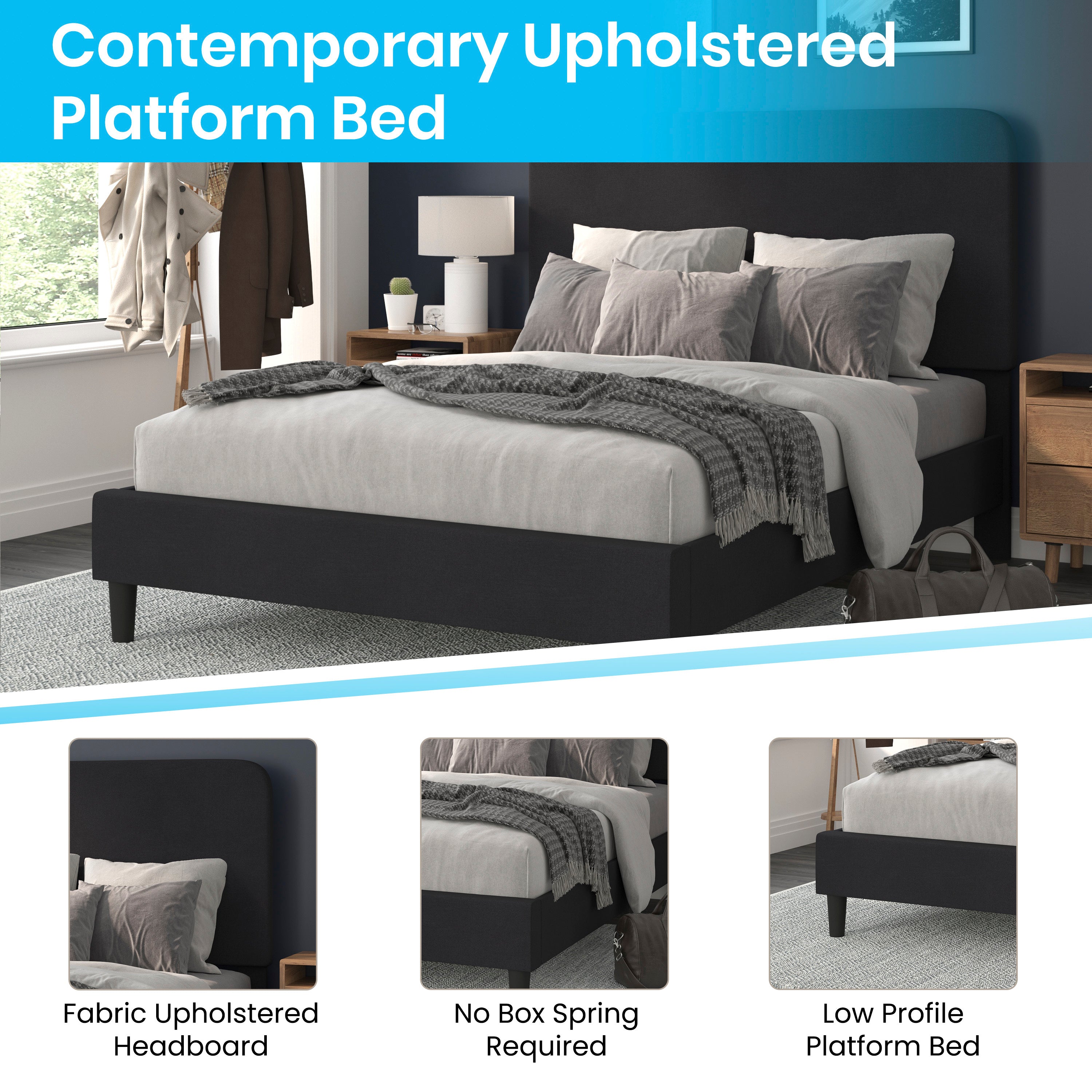 Addison Charcoal Queen Fabric Upholstered Platform Bed - Headboard with Rounded Edges - No Box Spring or Foundation Needed