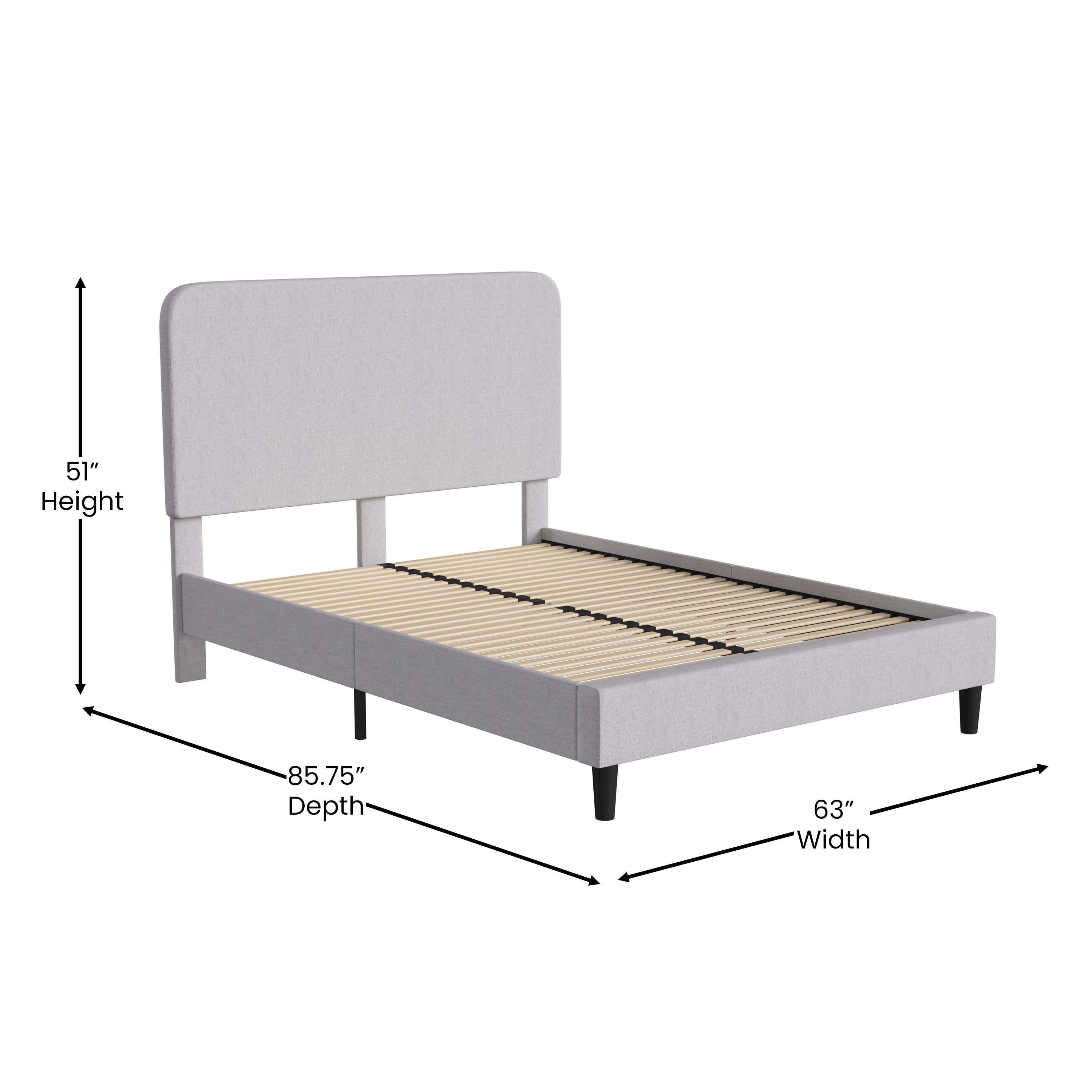 Addison Light Grey Queen Fabric Upholstered Platform Bed - Headboard with Rounded Edges - No Box Spring or Foundation Needed
