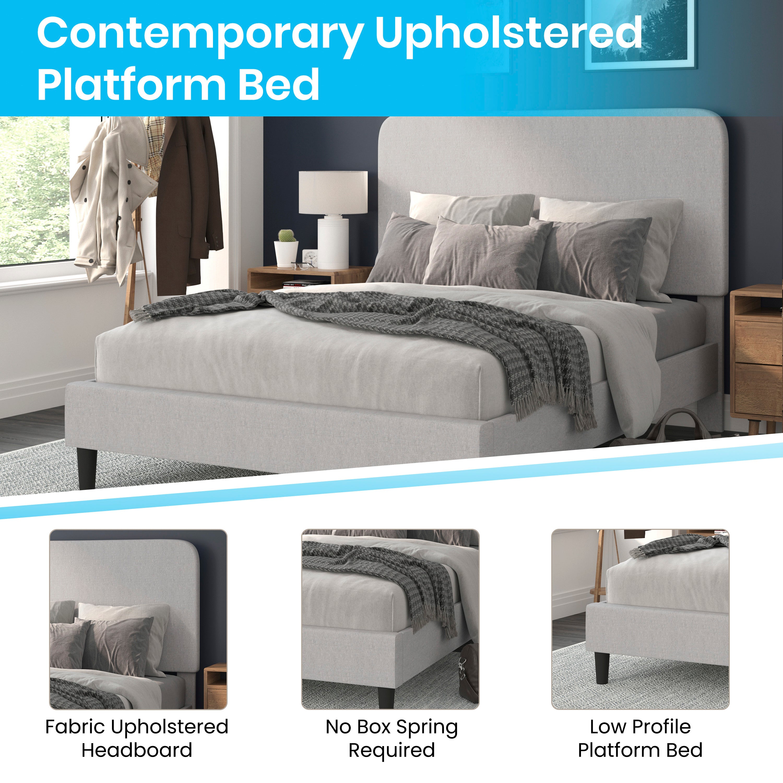 Addison Light Grey Queen Fabric Upholstered Platform Bed - Headboard with Rounded Edges - No Box Spring or Foundation Needed