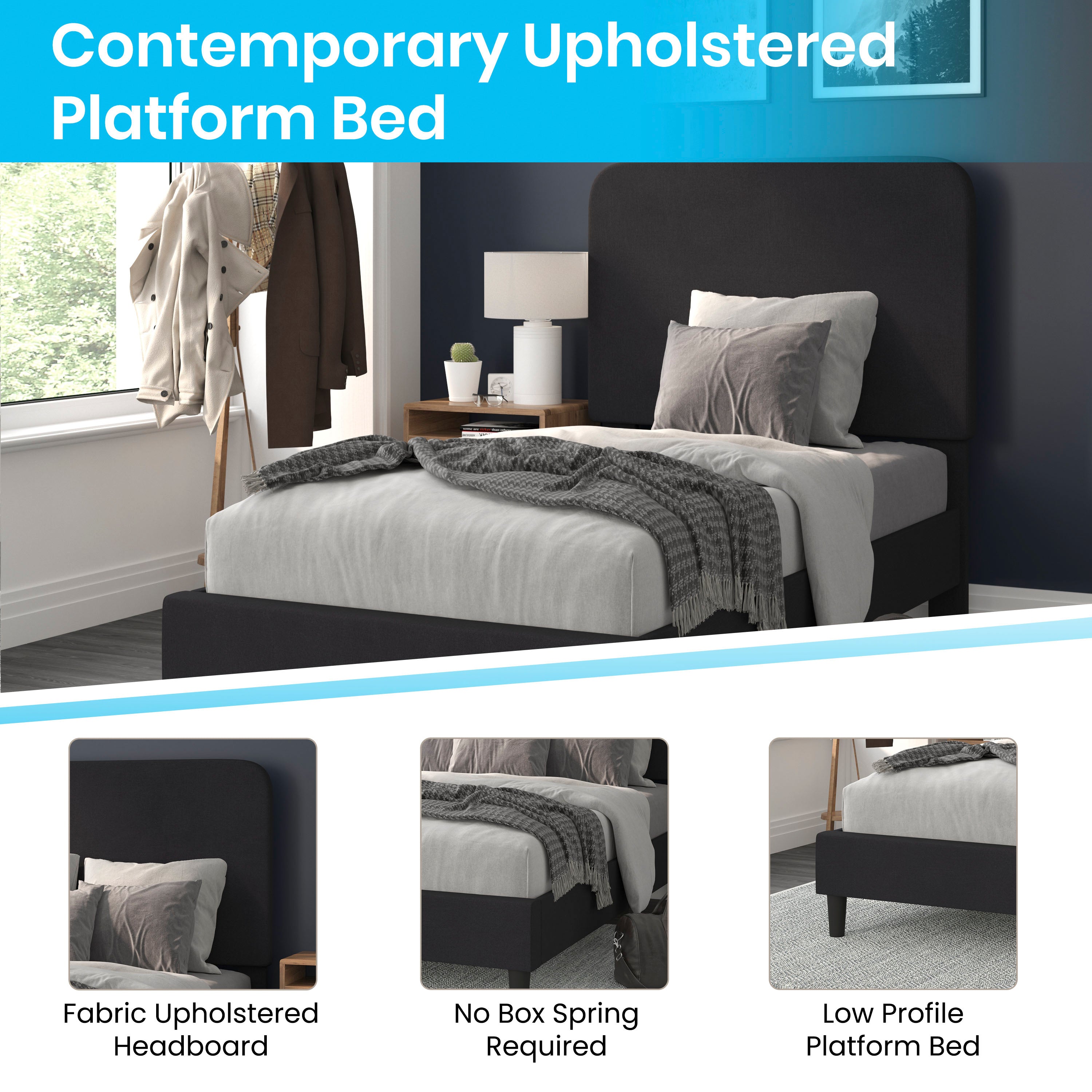 Addison Charcoal Twin Fabric Upholstered Platform Bed - Headboard with Rounded Edges - No Box Spring or Foundation Needed