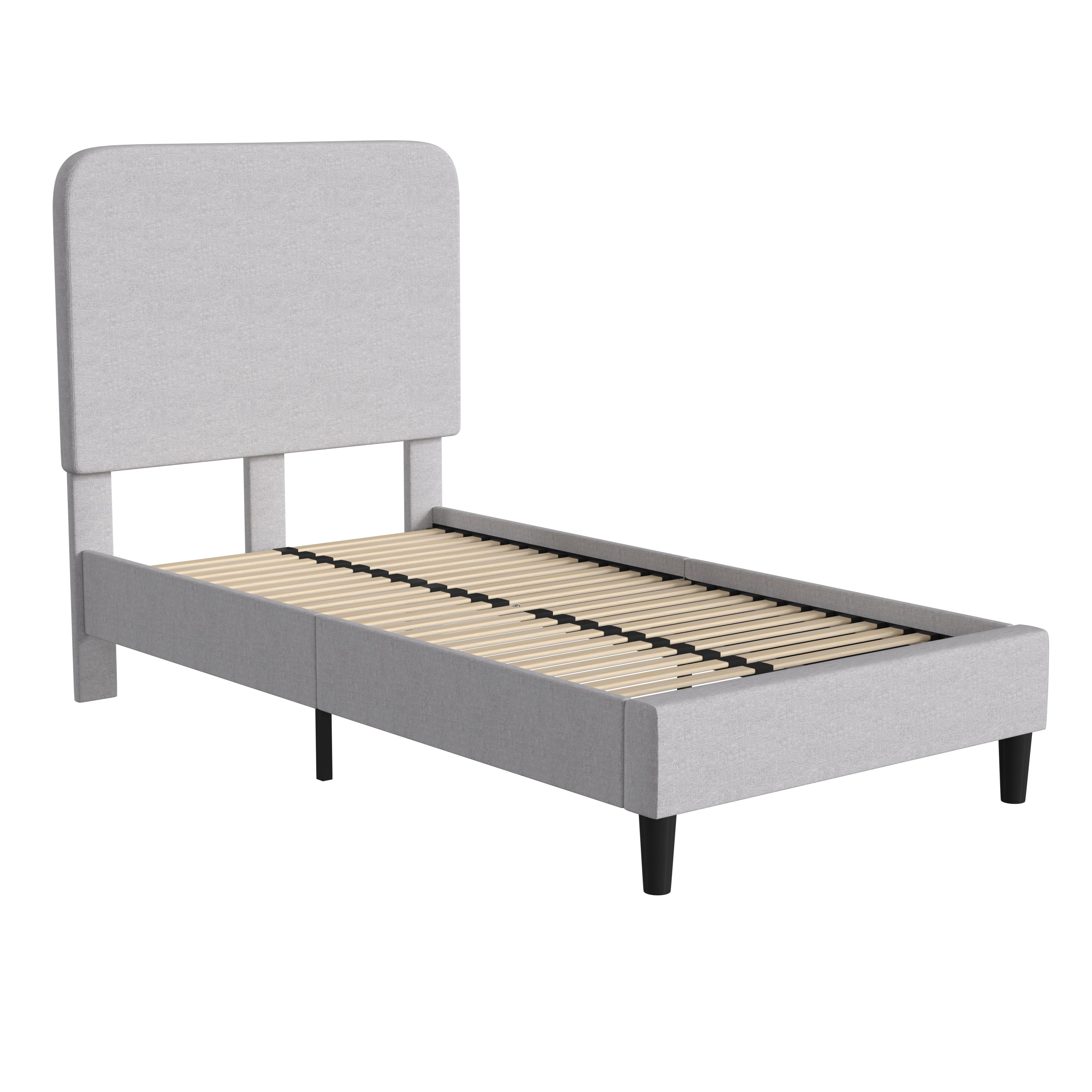 Addison Light Grey Twin Fabric Upholstered Platform Bed - Headboard with Rounded Edges - No Box Spring or Foundation Needed