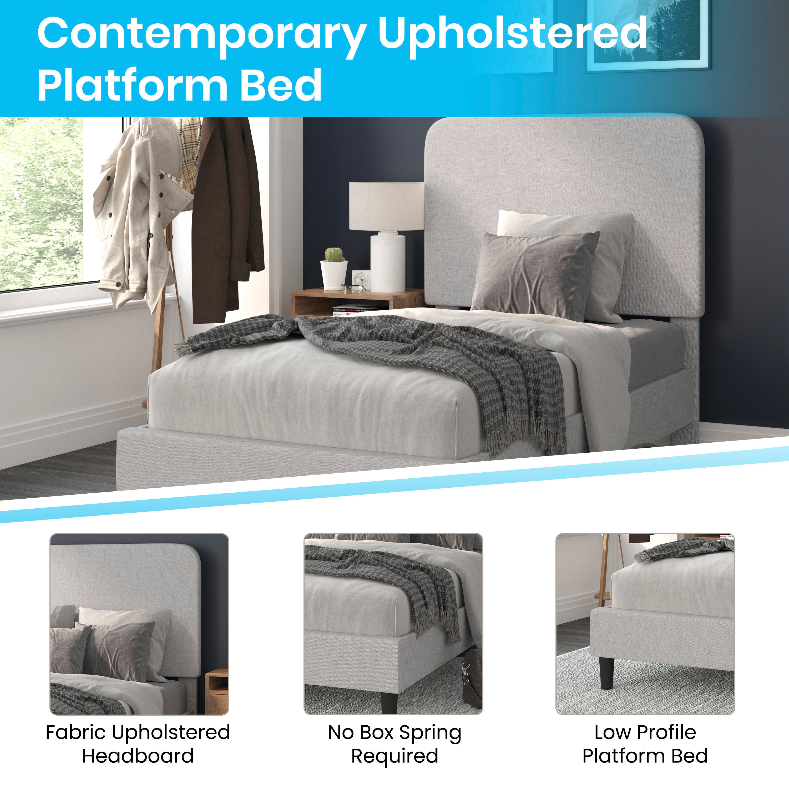 Addison Light Grey Twin Fabric Upholstered Platform Bed - Headboard with Rounded Edges - No Box Spring or Foundation Needed