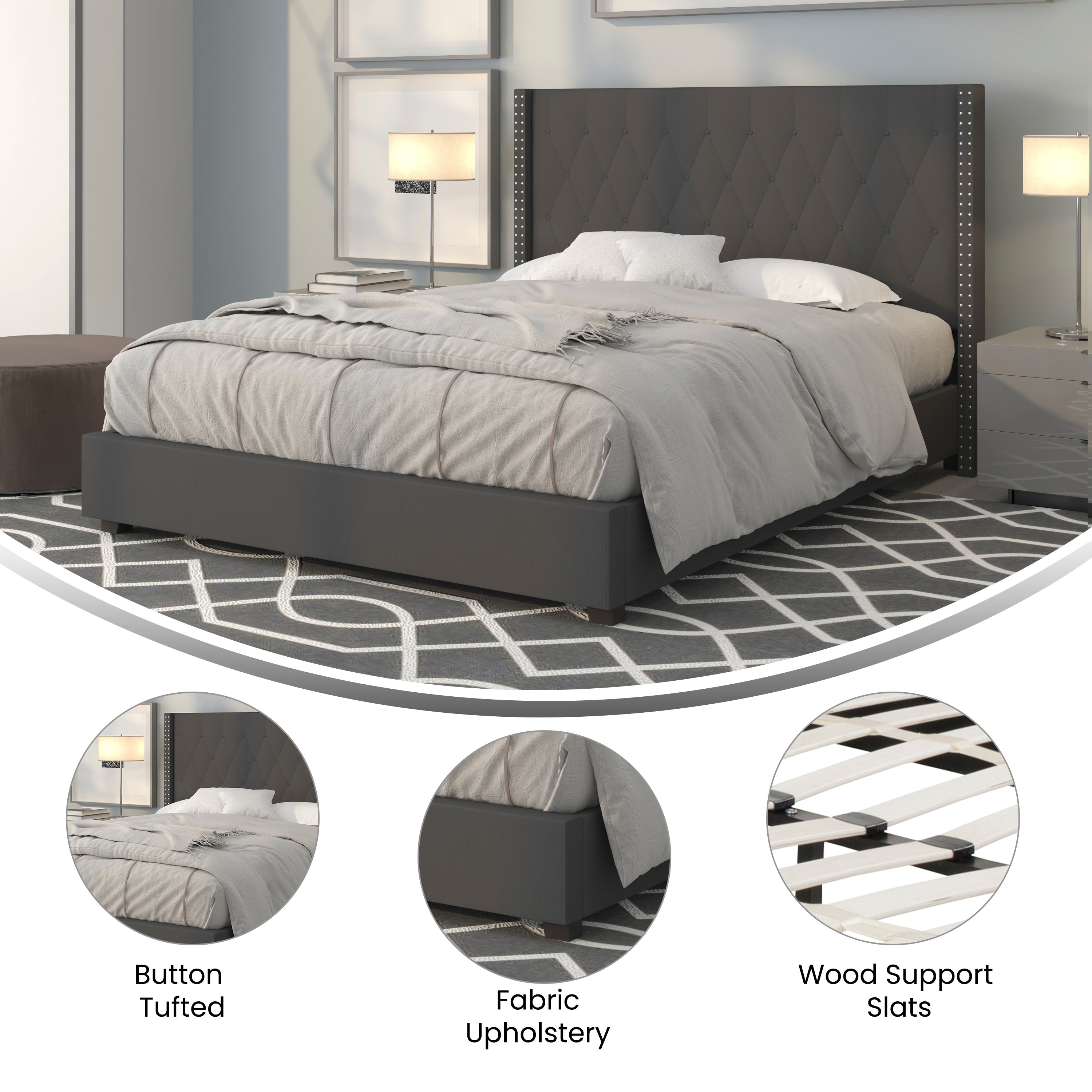 Riverdale Queen Size Tufted Upholstered Platform Bed in Dark Gray Fabric