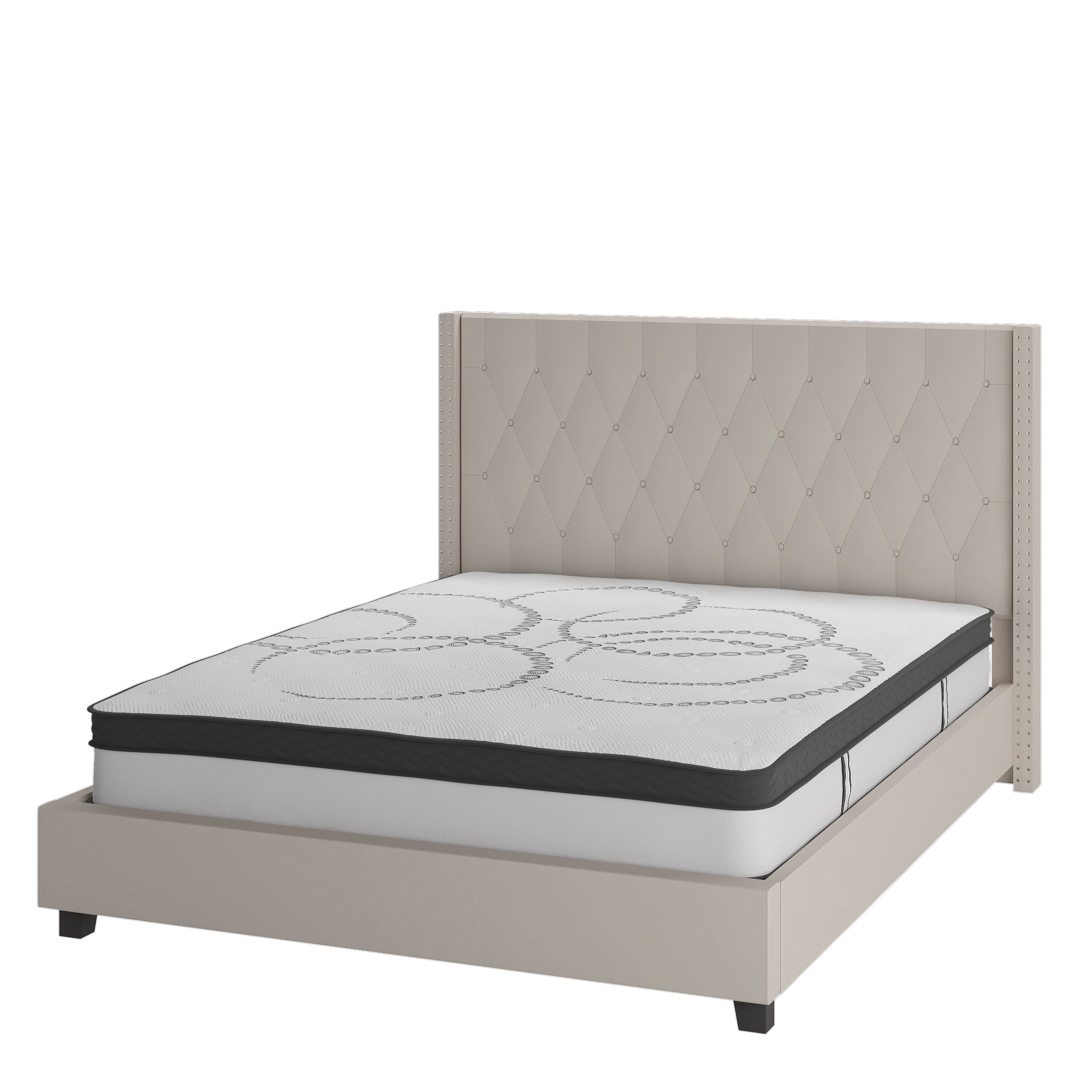 Riverdale Full Size Tufted Upholstered Platform Bed in Beige Fabric with 10 Inch CertiPUR-US Certified Pocket Spring Mattress