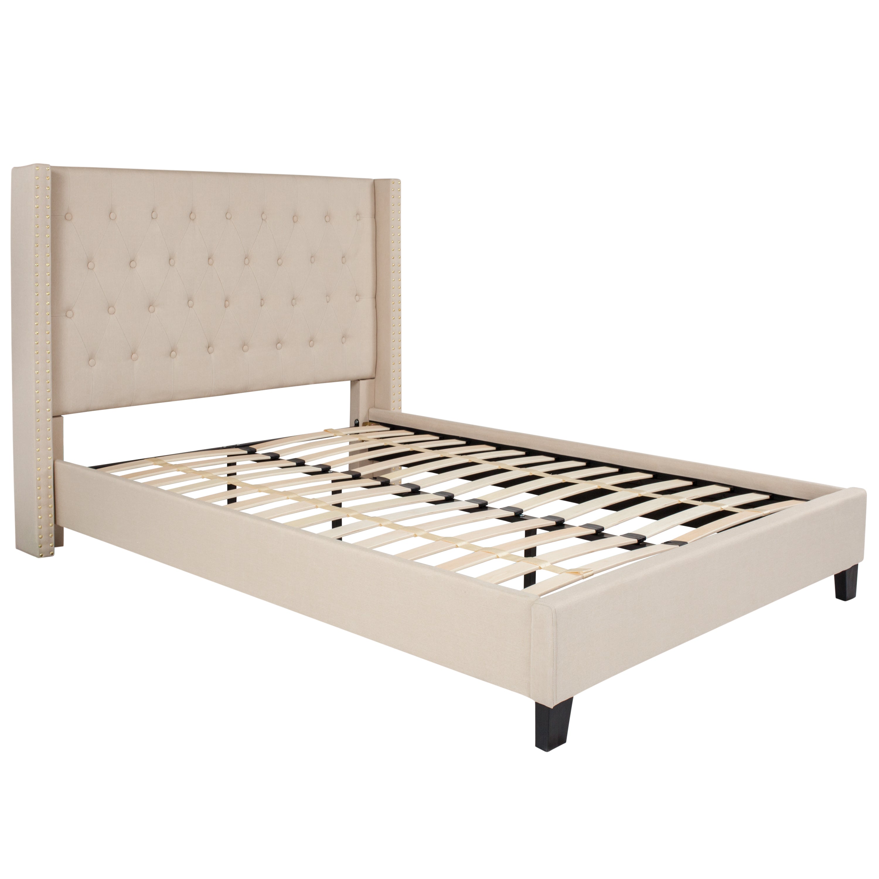Riverdale Full Size Tufted Upholstered Platform Bed in Beige Fabric with 10 Inch CertiPUR-US Certified Pocket Spring Mattress