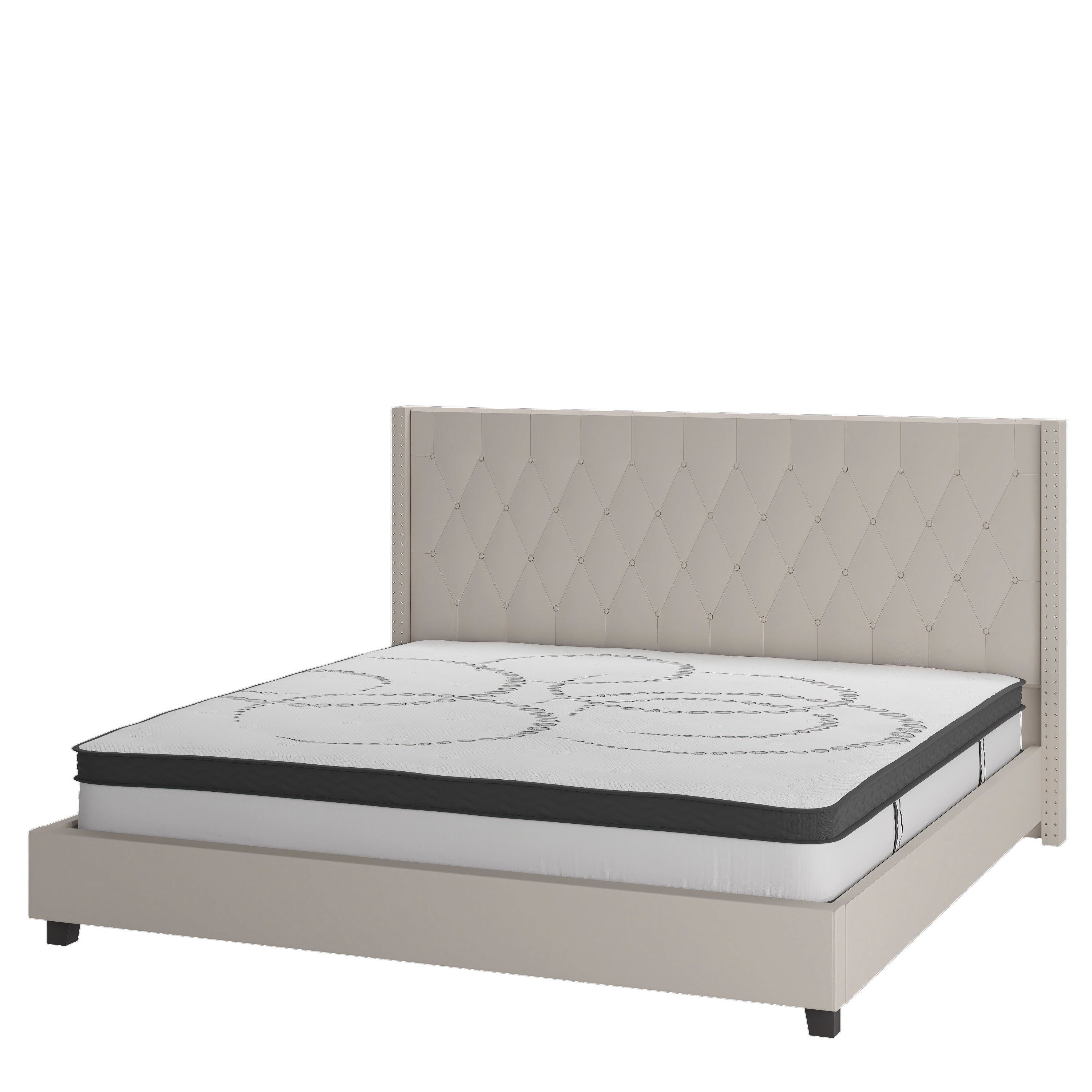 Riverdale King Size Tufted Upholstered Platform Bed in Beige Fabric with 10 Inch CertiPUR-US Certified Pocket Spring Mattress