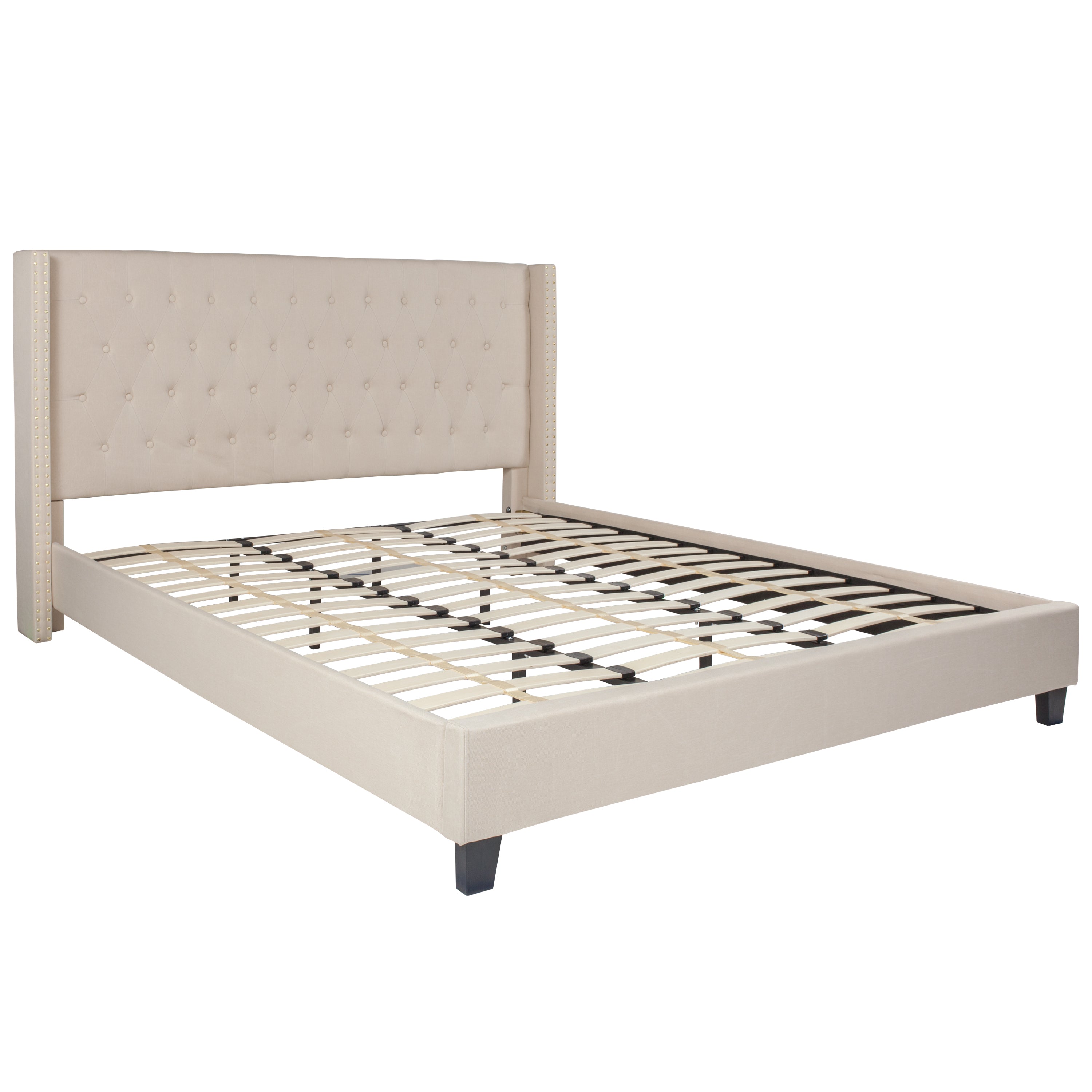 Riverdale King Size Tufted Upholstered Platform Bed in Beige Fabric with 10 Inch CertiPUR-US Certified Pocket Spring Mattress