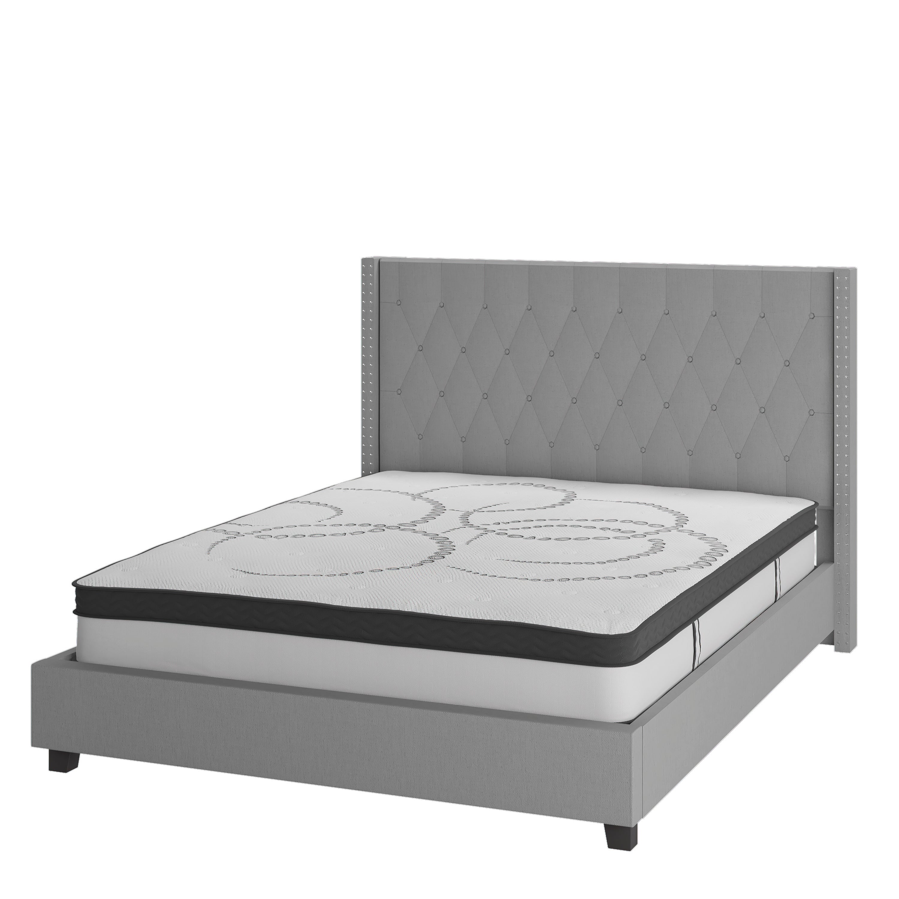 Riverdale King Size Tufted Upholstered Platform Bed in Light Gray Fabric with 10 Inch CertiPUR-US Certified Pocket Spring Mattress