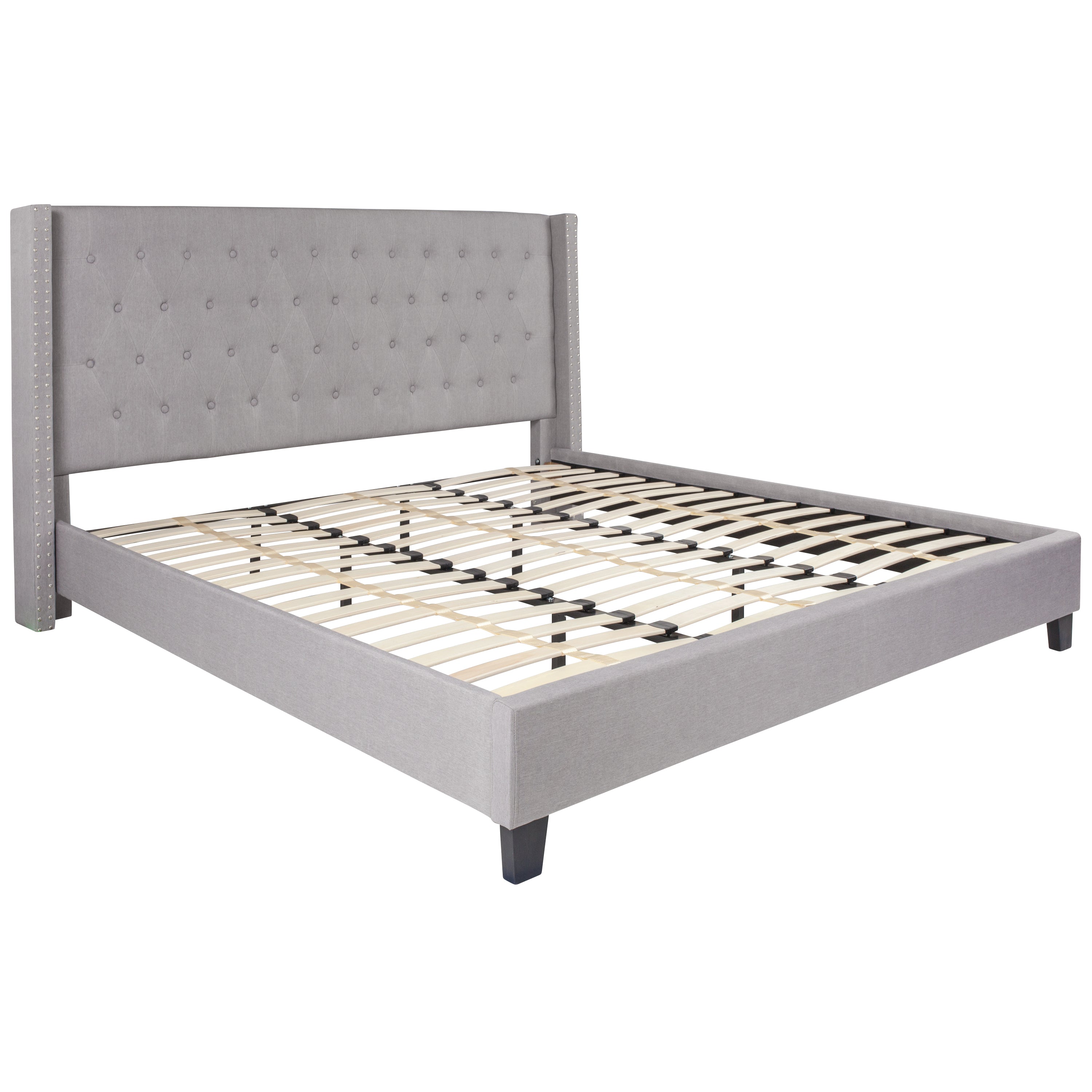 Riverdale King Size Tufted Upholstered Platform Bed in Light Gray Fabric with 10 Inch CertiPUR-US Certified Pocket Spring Mattress