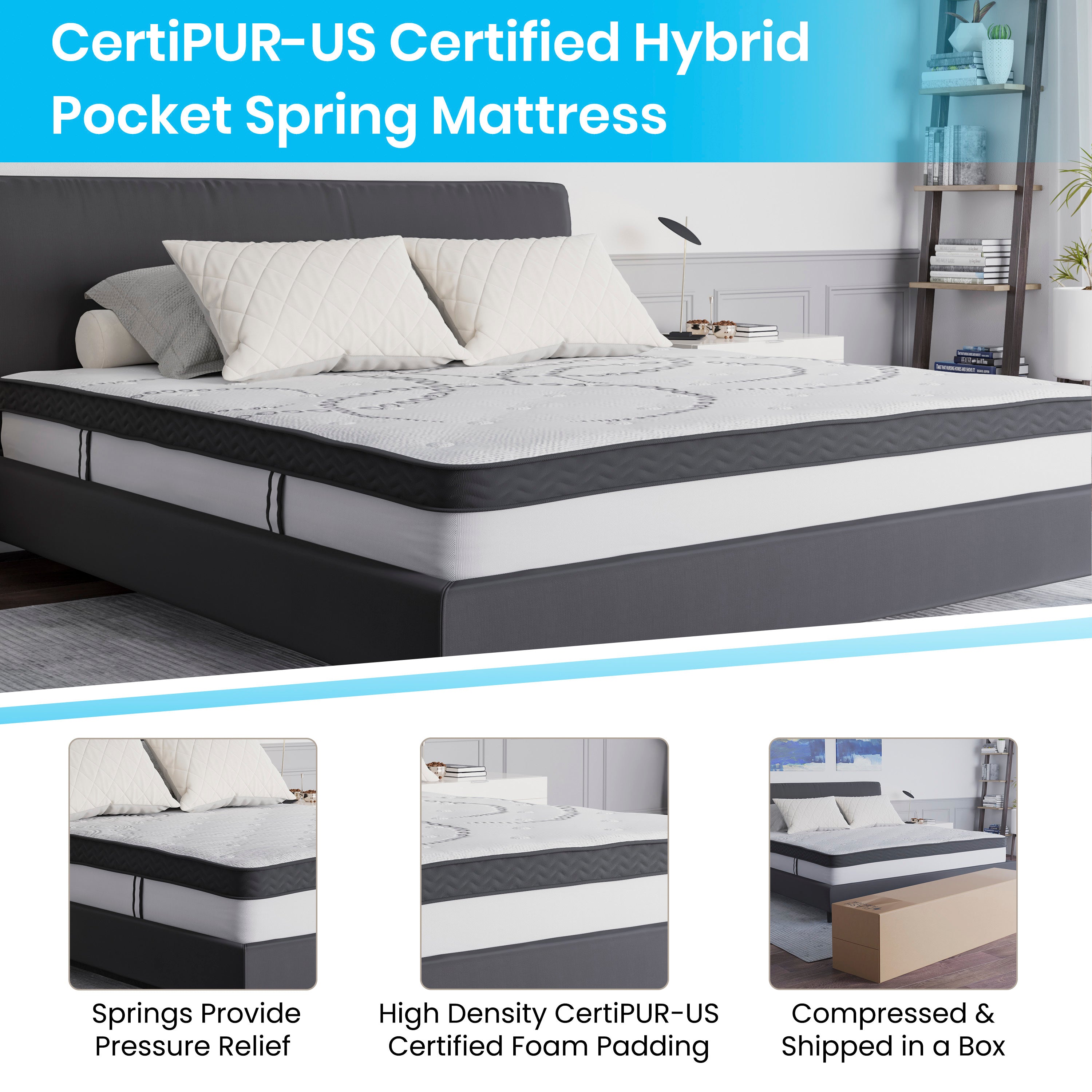Riverdale King Size Tufted Upholstered Platform Bed in Light Gray Fabric with 10 Inch CertiPUR-US Certified Pocket Spring Mattress