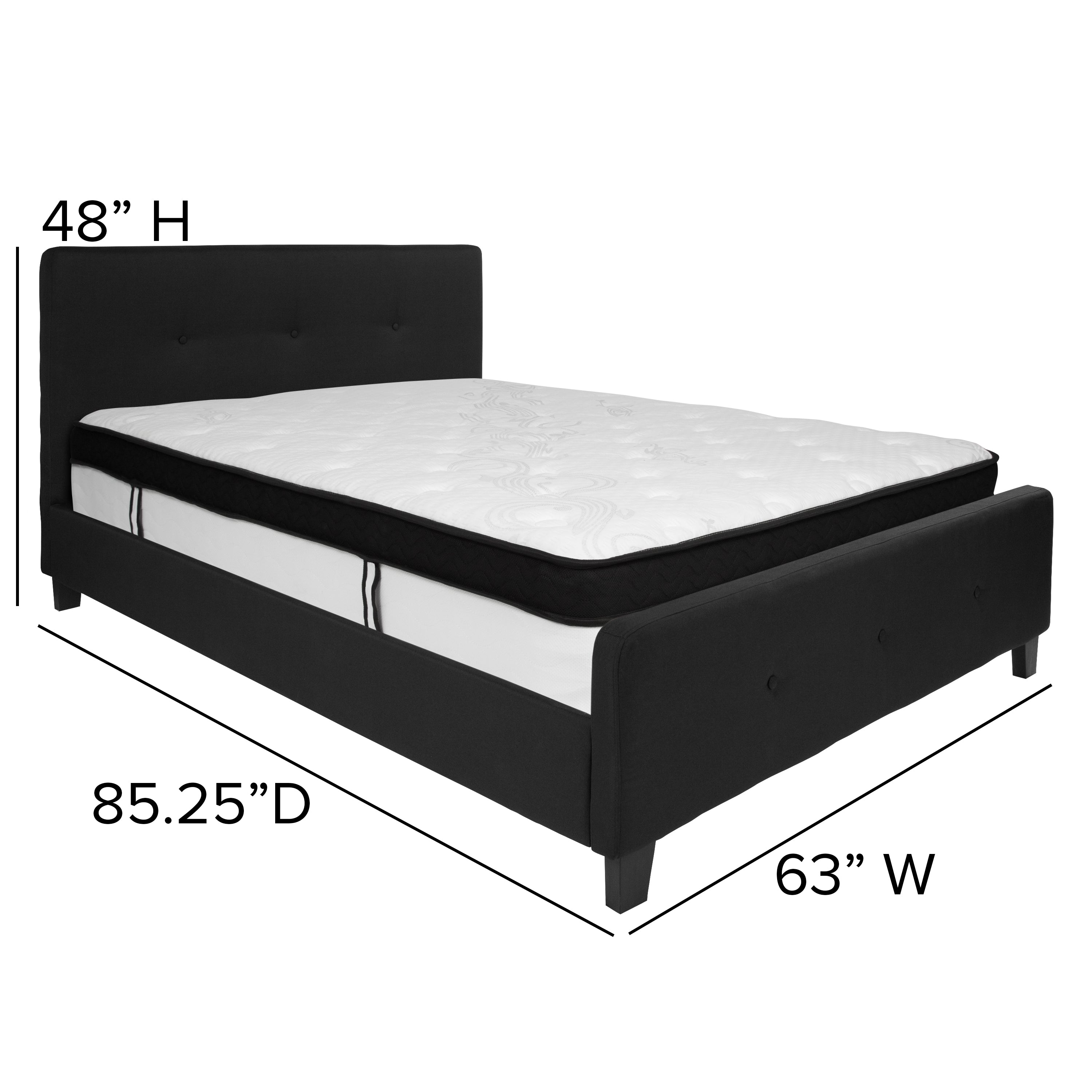 Tribeca Queen Size Tufted Upholstered Platform Bed in Black Fabric with Memory Foam Mattress