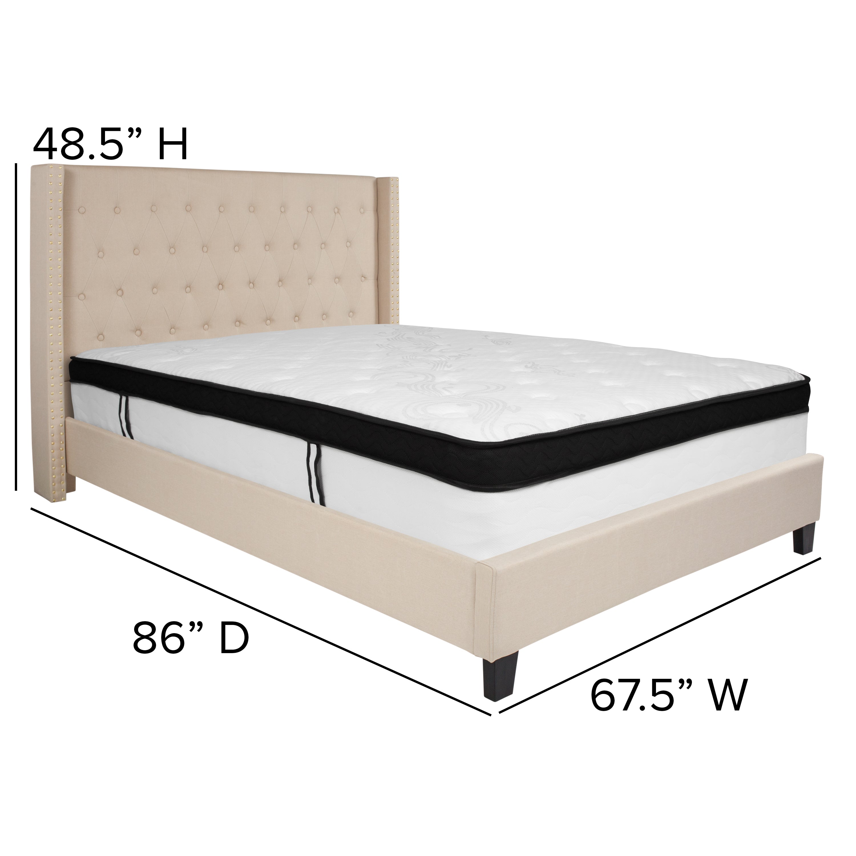Riverdale Queen Size Tufted Upholstered Platform Bed in Beige Fabric with Memory Foam Mattress