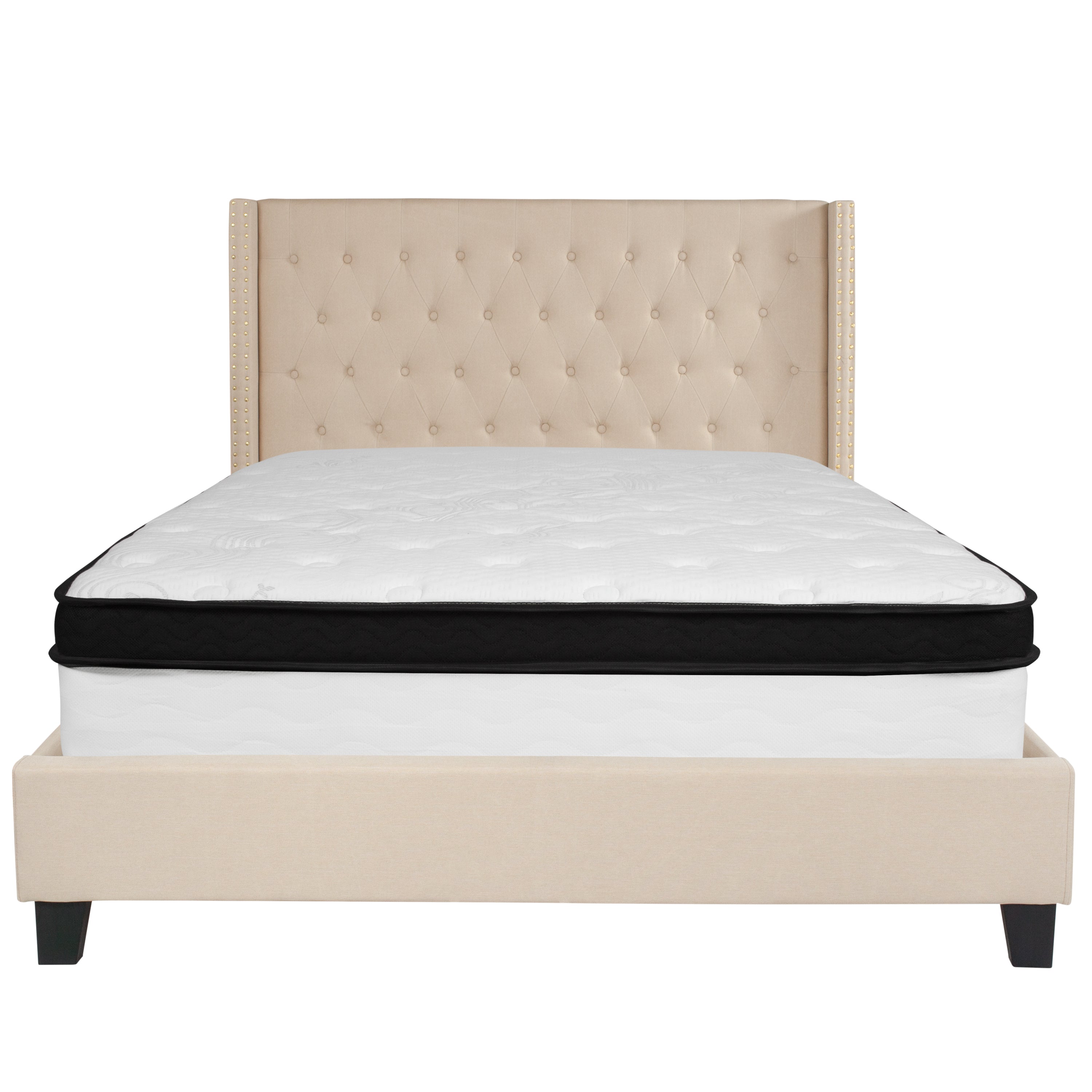 Riverdale Queen Size Tufted Upholstered Platform Bed in Beige Fabric with Memory Foam Mattress