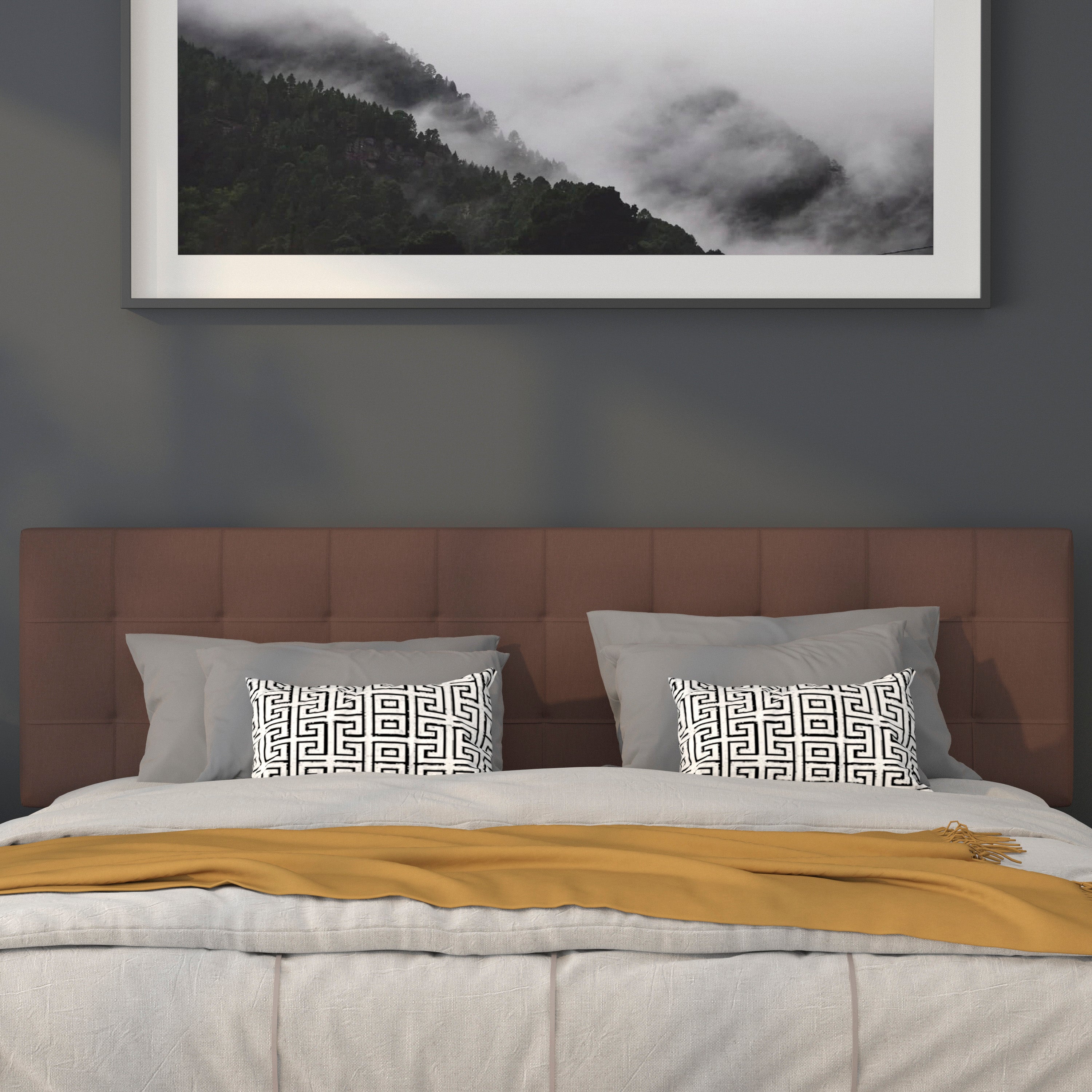 Bedford Tufted Upholstered King Size Headboard in Dark Brown Fabric
