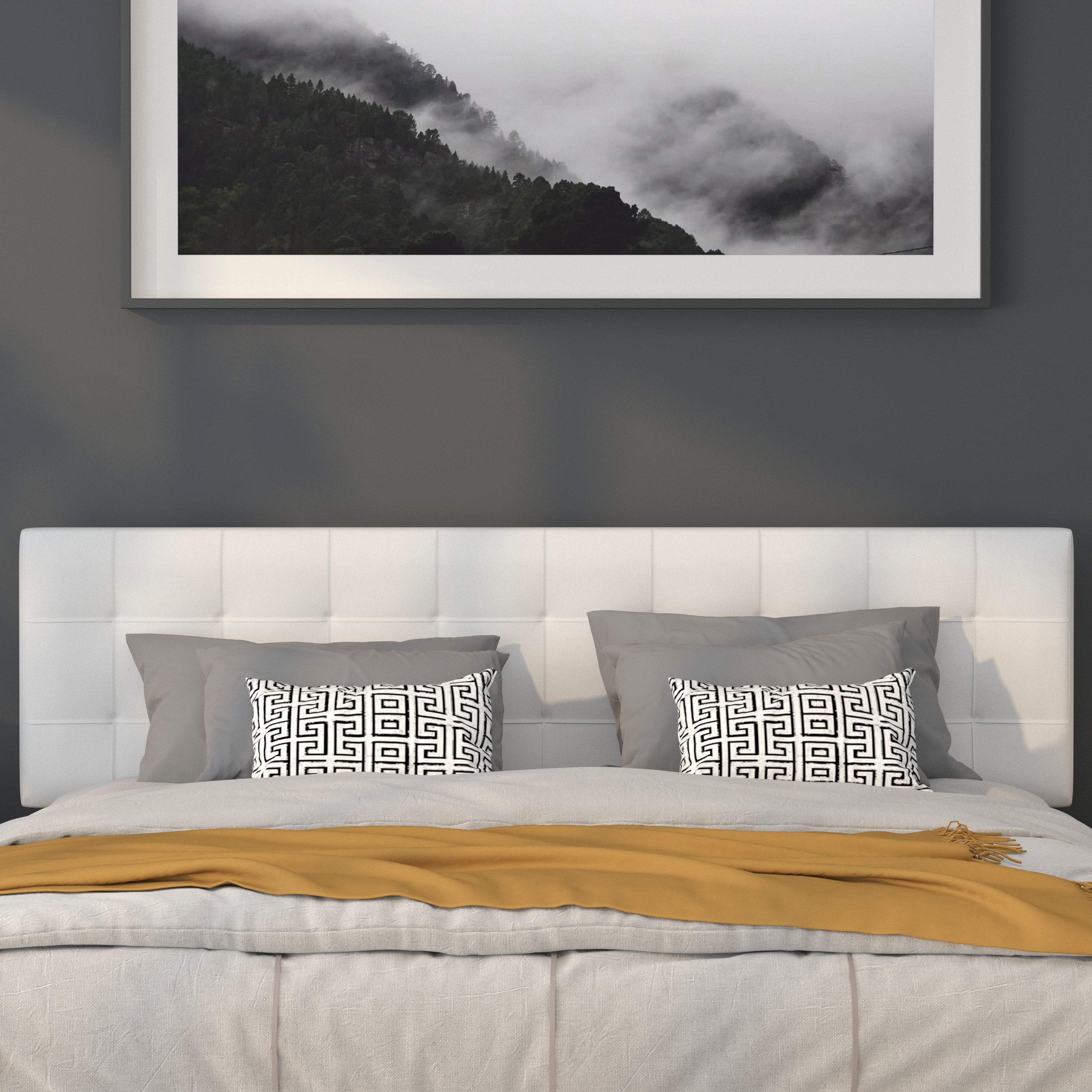Bedford Tufted Upholstered King Size Headboard in White Fabric