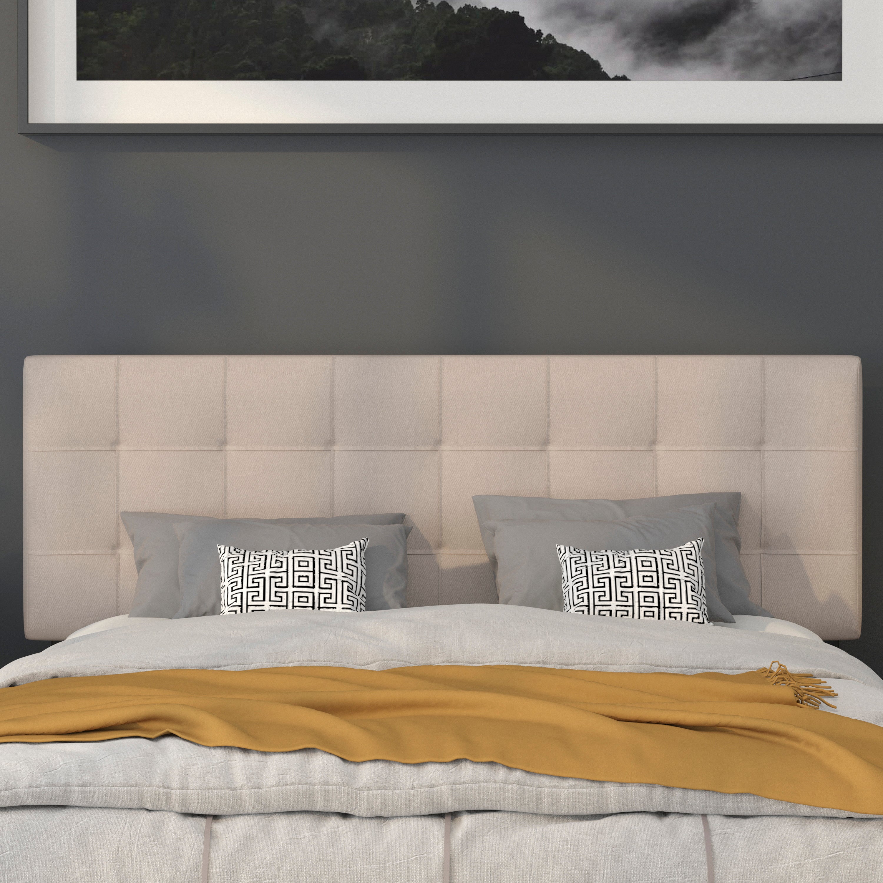 Bedford Tufted Upholstered Queen Size Headboard in Beige Fabric