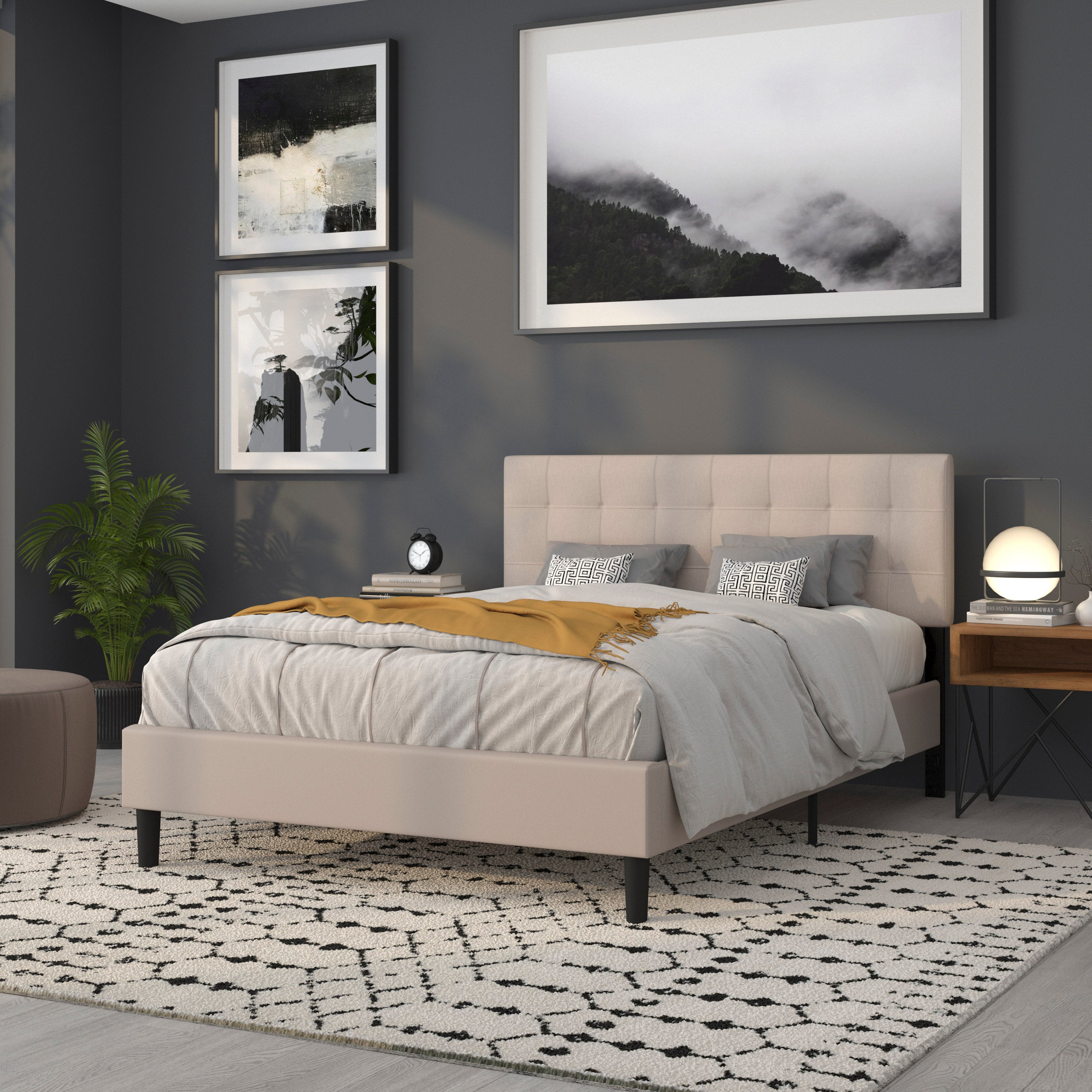 Bedford Tufted Upholstered Queen Size Headboard in Beige Fabric