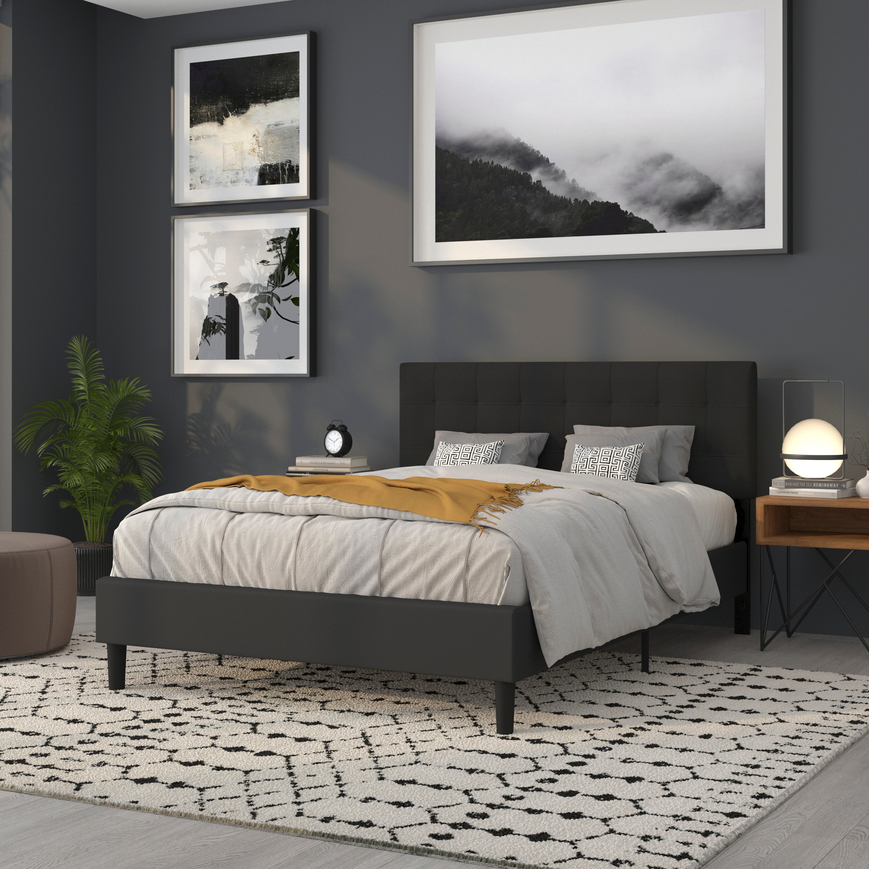 Bedford Tufted Upholstered Queen Size Headboard in Black Fabric