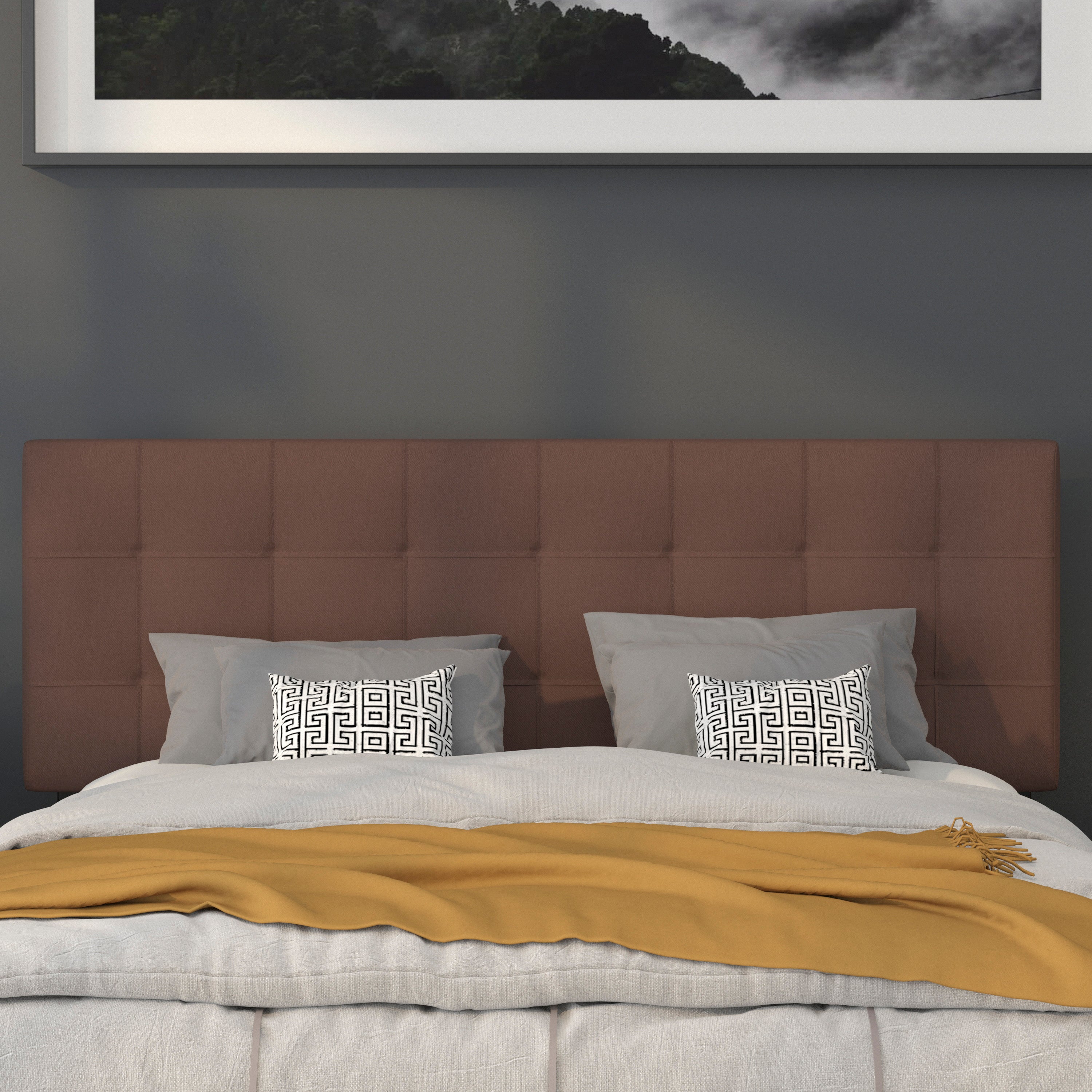 Bedford Tufted Upholstered Queen Size Headboard in Dark Brown Fabric