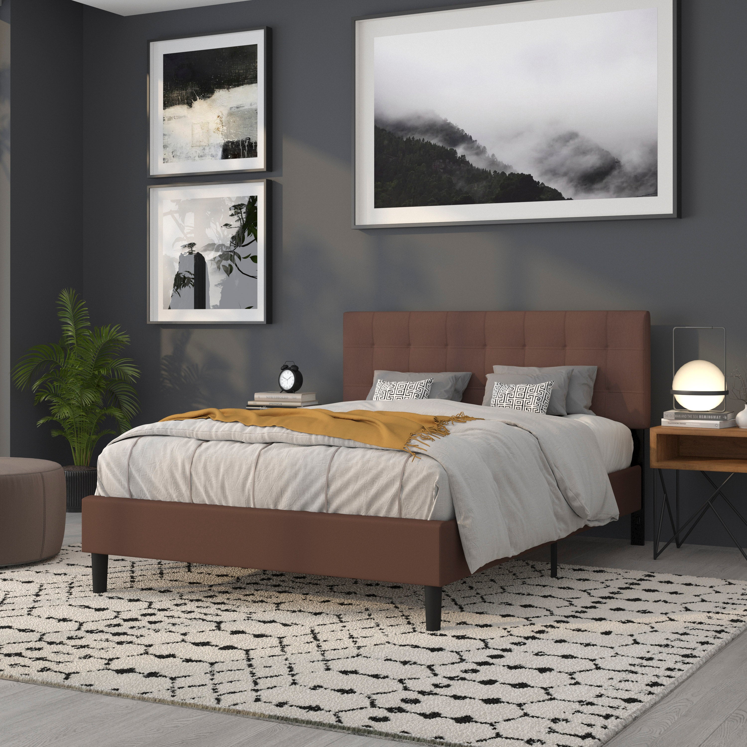 Bedford Tufted Upholstered Queen Size Headboard in Dark Brown Fabric