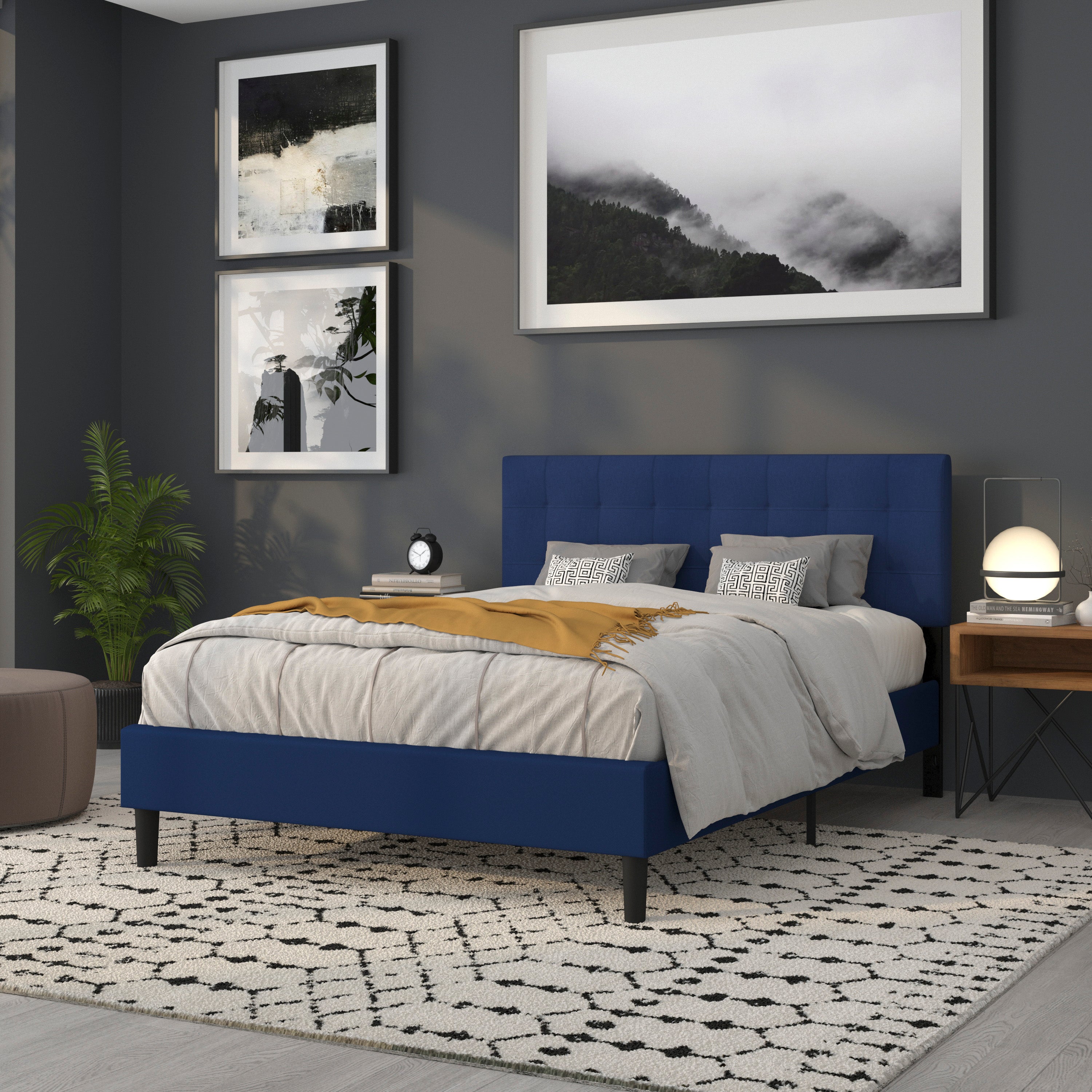 Bedford Tufted Upholstered Queen Size Headboard in Navy Fabric