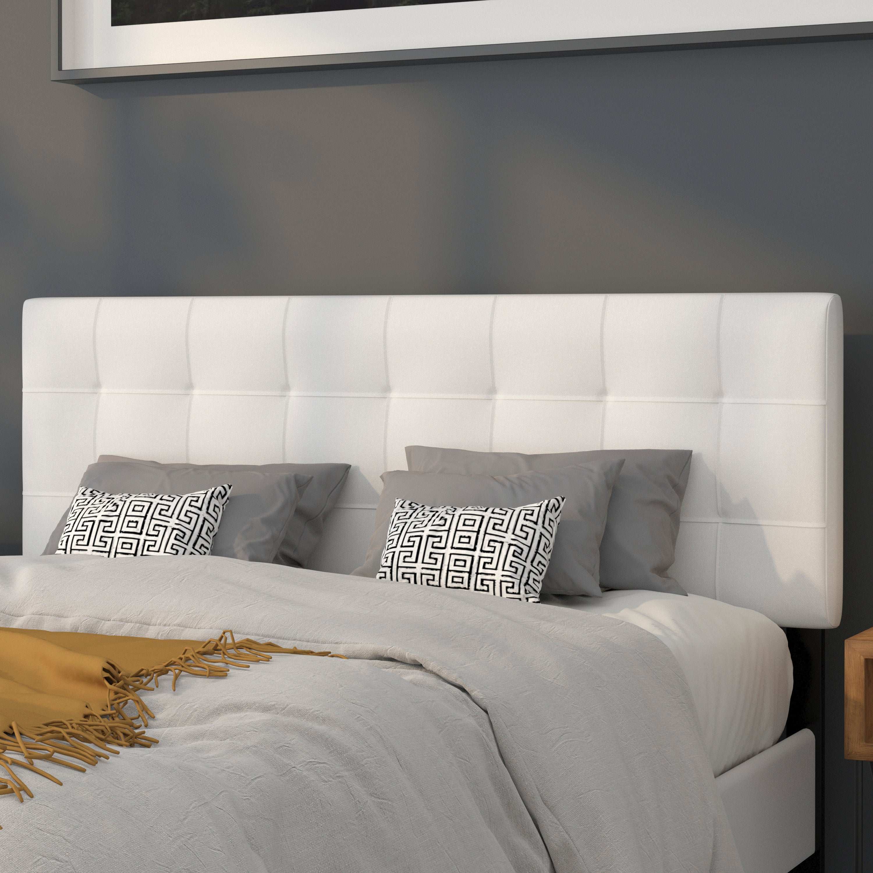 Bedford Tufted Upholstered Queen Size Headboard in White Fabric
