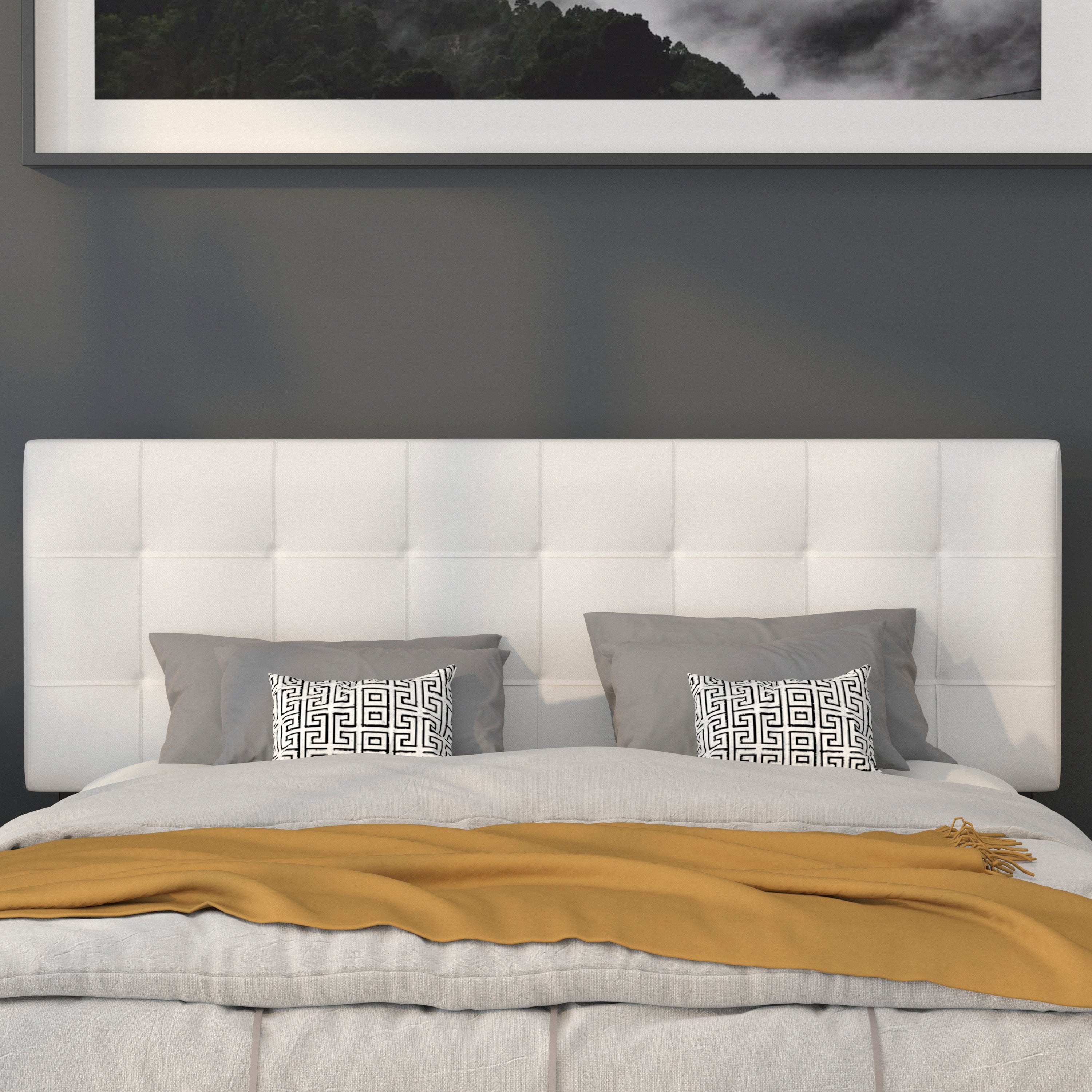 Bedford Tufted Upholstered Queen Size Headboard in White Fabric