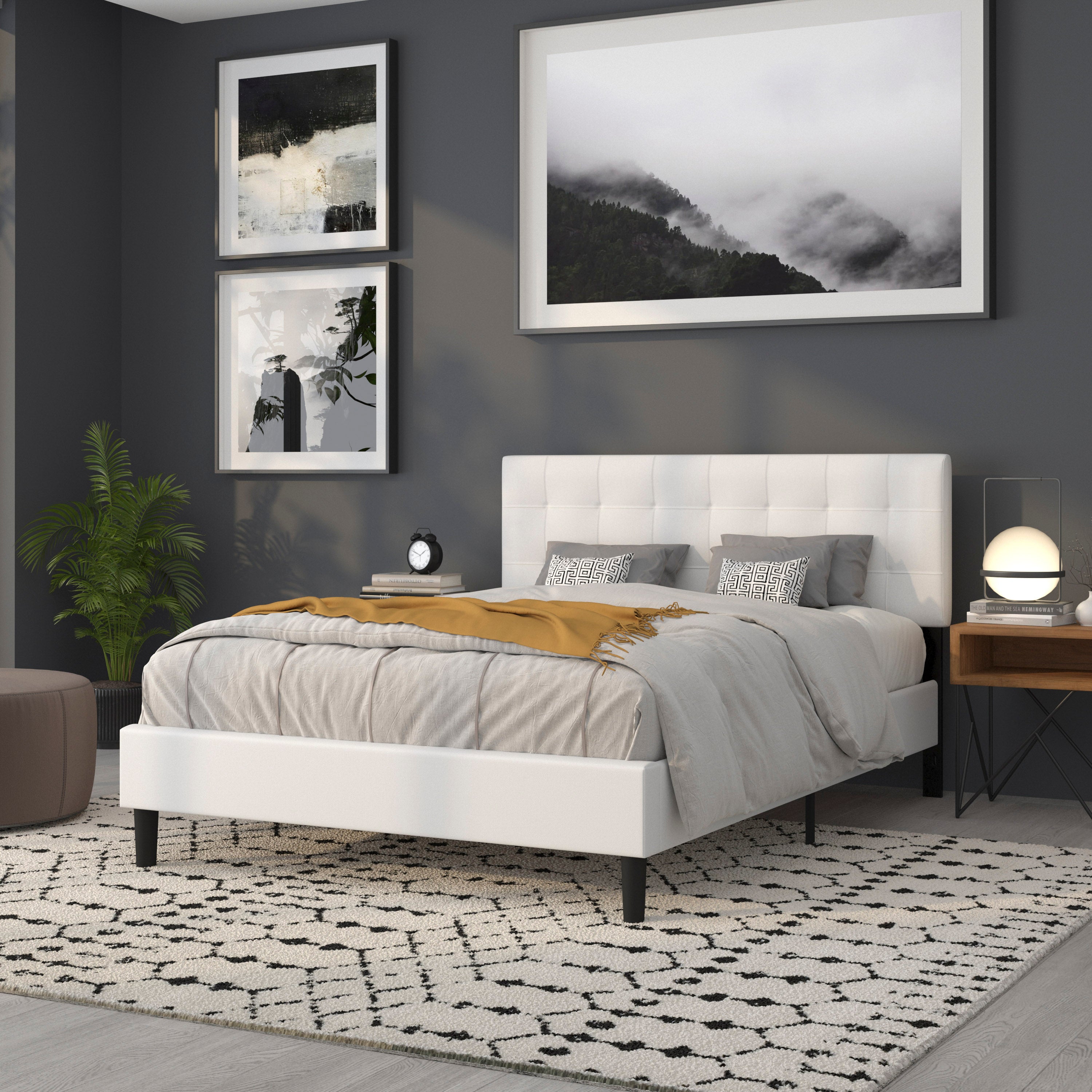 Bedford Tufted Upholstered Queen Size Headboard in White Fabric