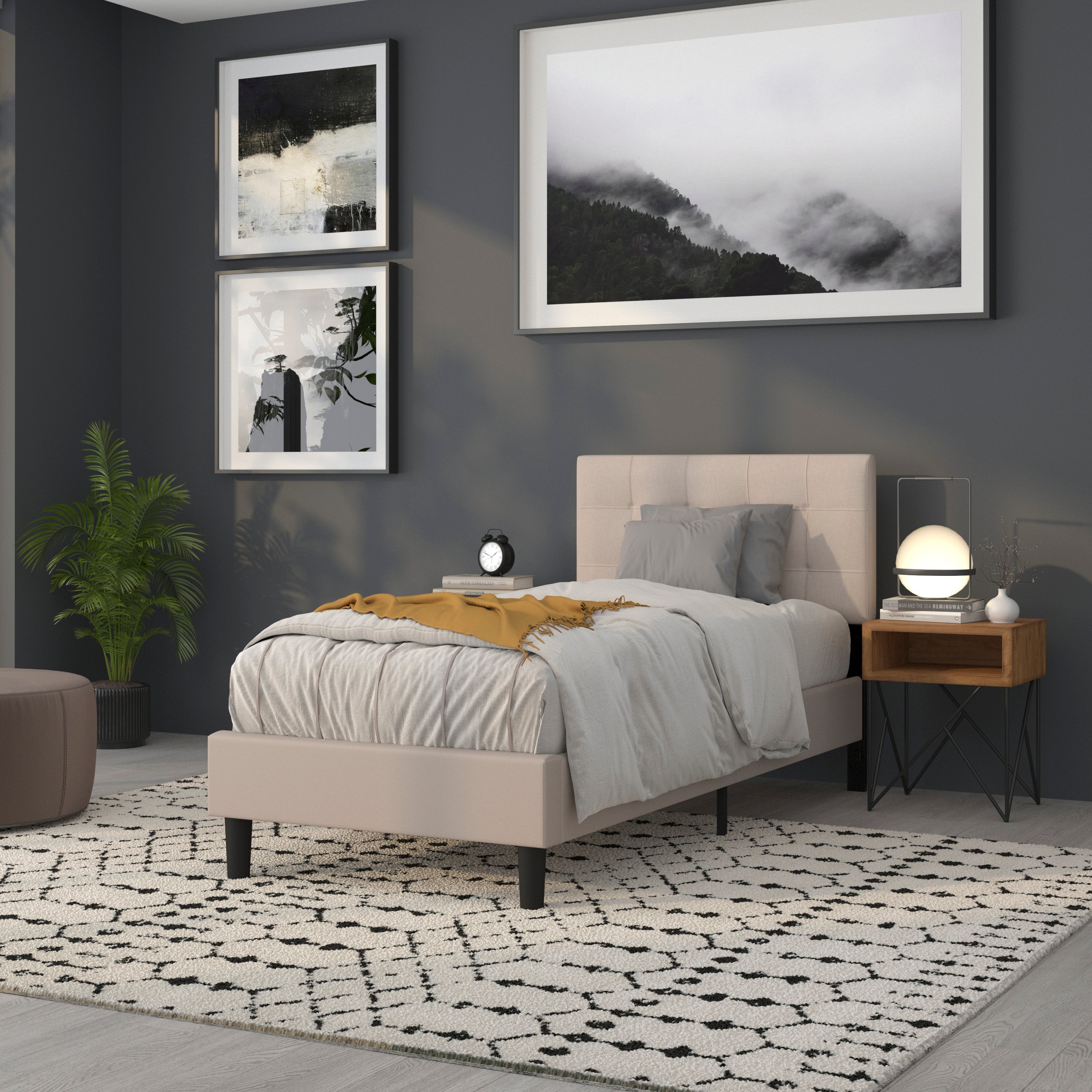 Bedford Tufted Upholstered Twin Size Headboard in Beige Fabric