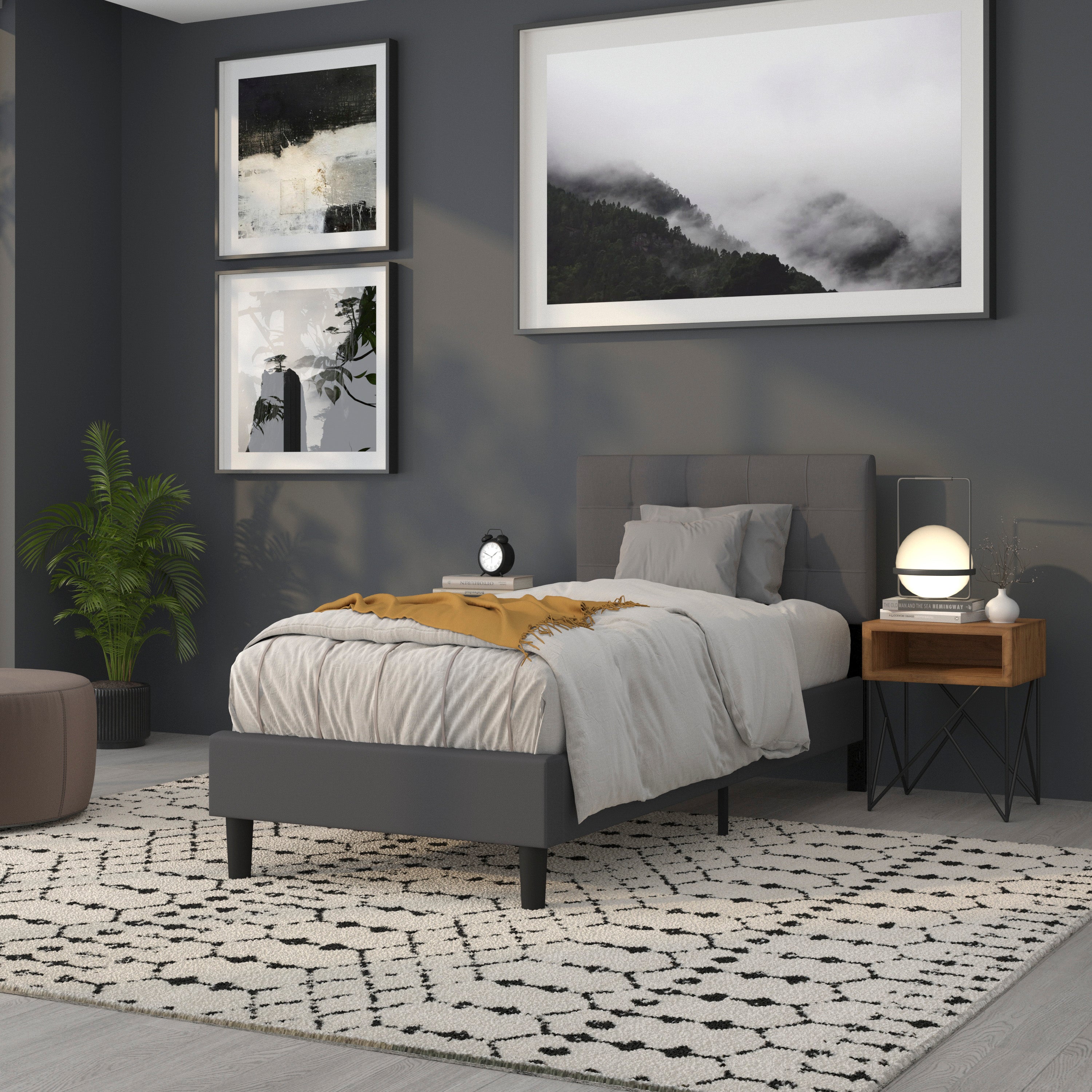 Bedford Tufted Upholstered Twin Size Headboard in Dark Gray Fabric