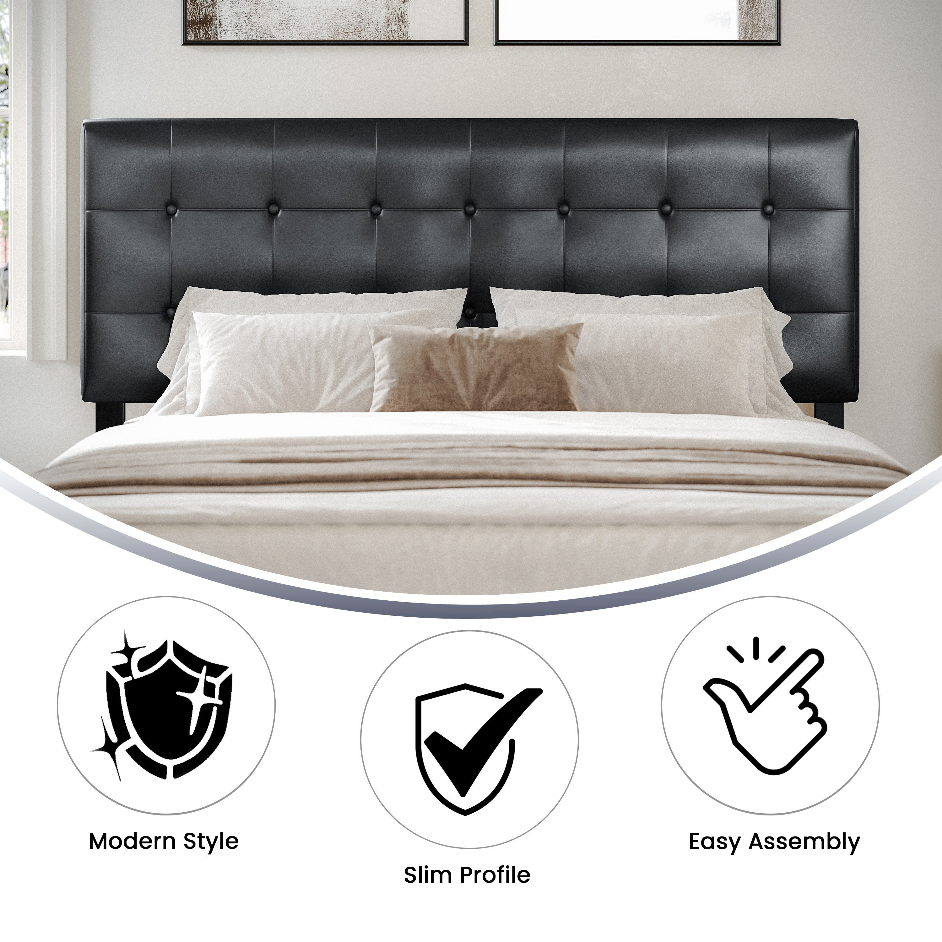 Lennox Tufted Upholstered Queen Size Headboard in Black Vinyl