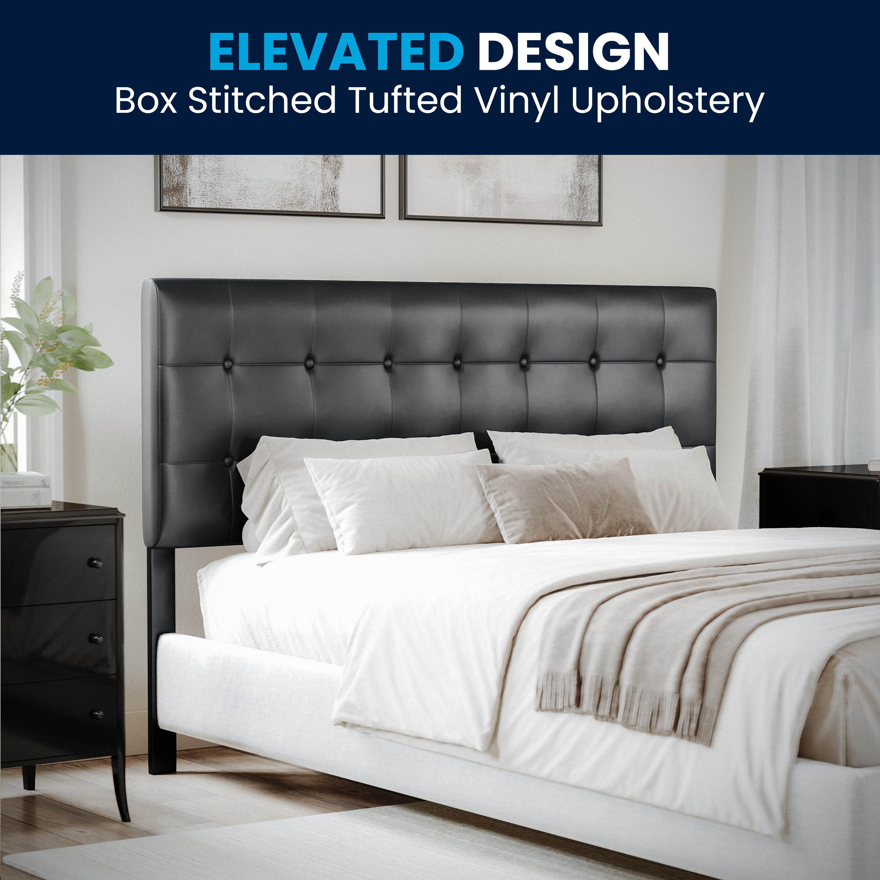 Lennox Tufted Upholstered Queen Size Headboard in Black Vinyl