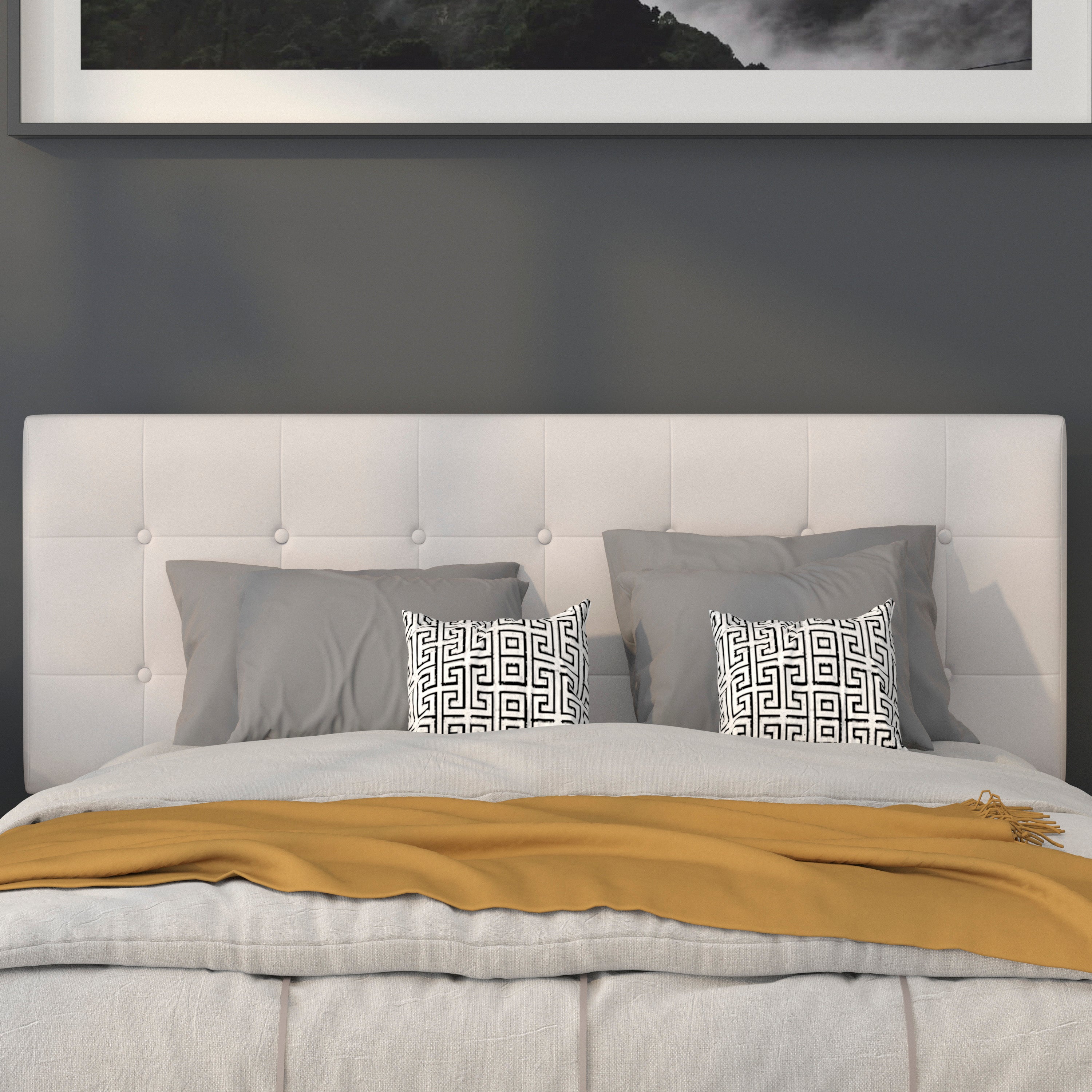 Lennox Tufted Upholstered Queen Size Headboard in White Vinyl