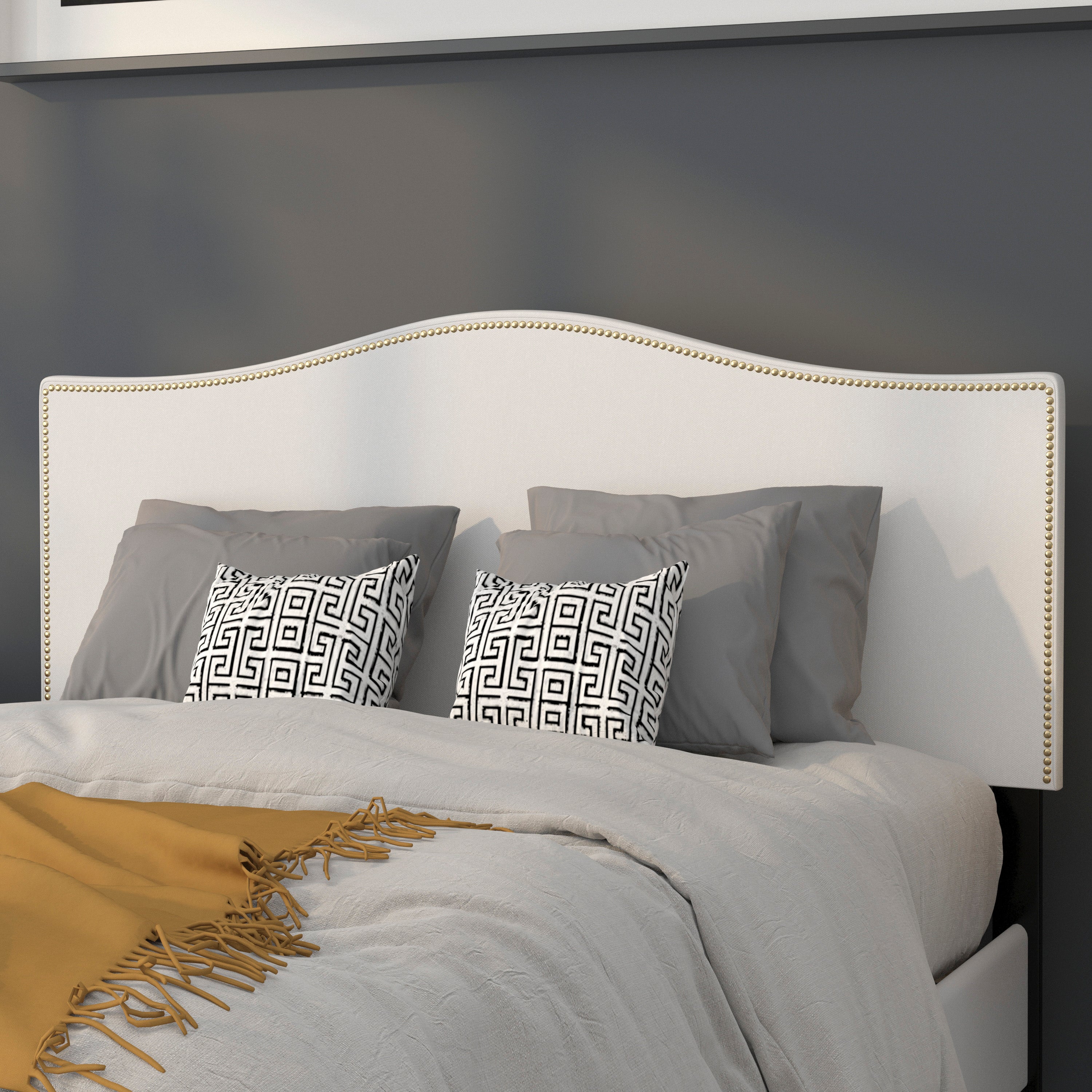 Lexington Upholstered Full Size Headboard with Accent Nail Trim in White Fabric