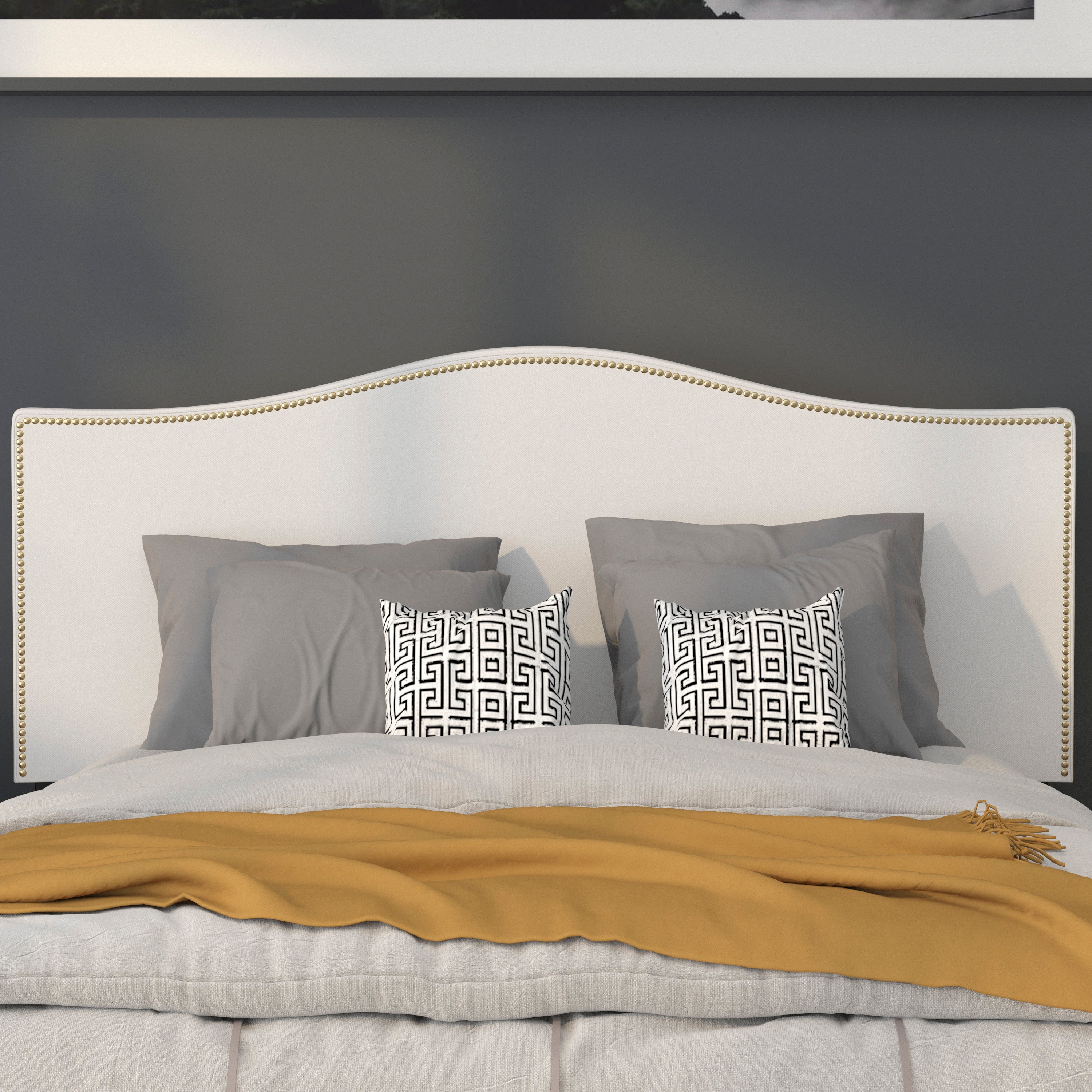 Lexington Upholstered Full Size Headboard with Accent Nail Trim in White Fabric