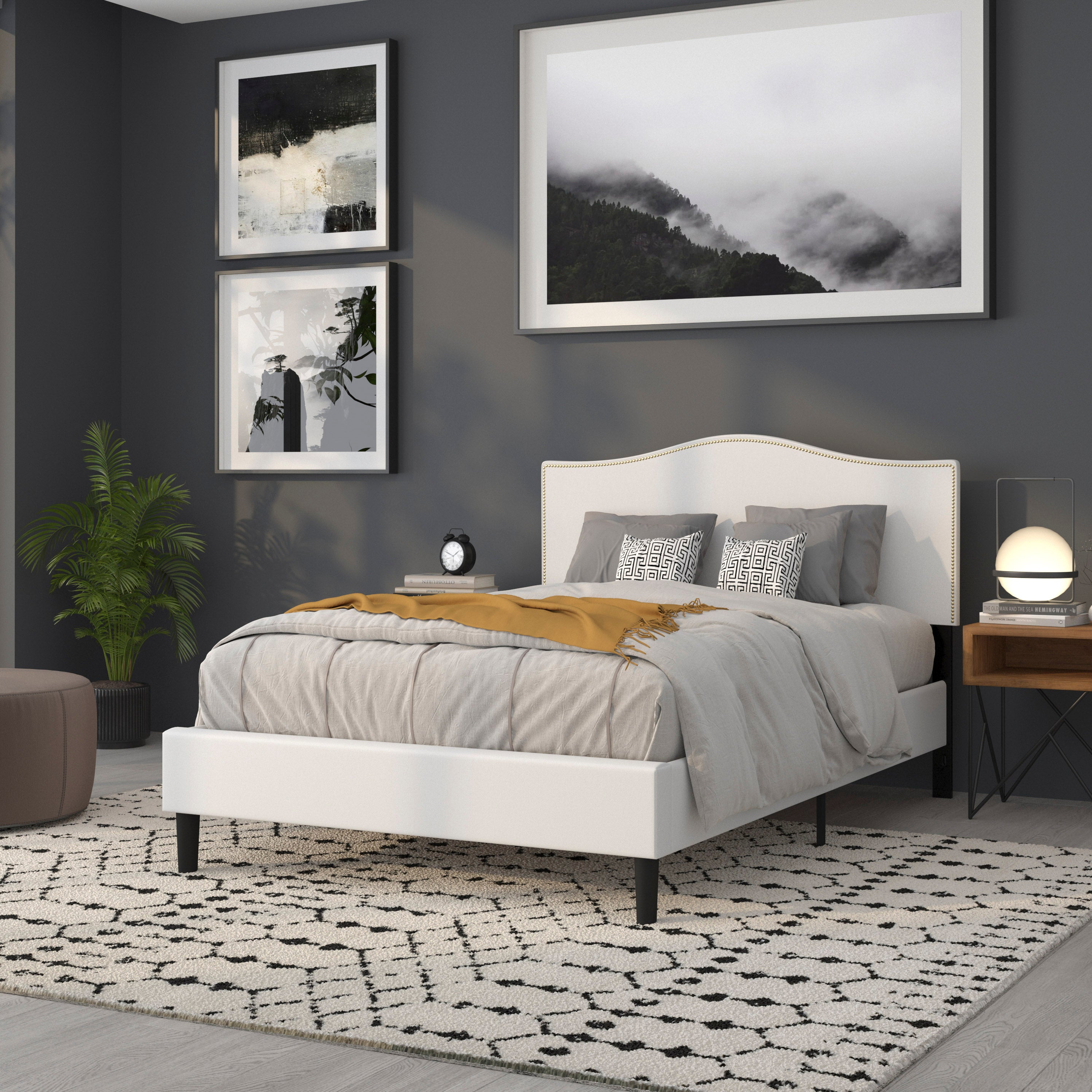 Lexington Upholstered Full Size Headboard with Accent Nail Trim in White Fabric