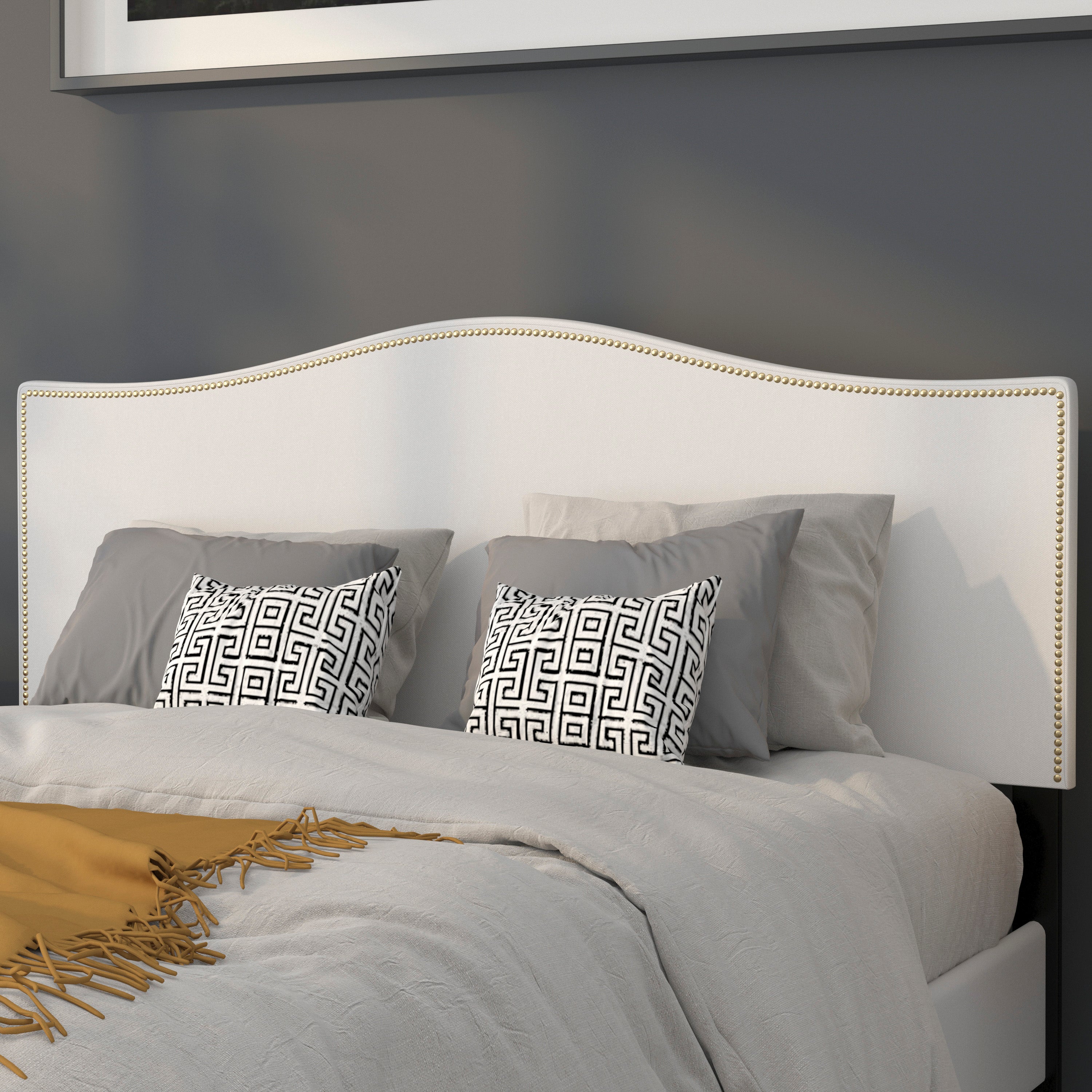 Lexington Upholstered Queen Size Headboard with Accent Nail Trim in White Fabric
